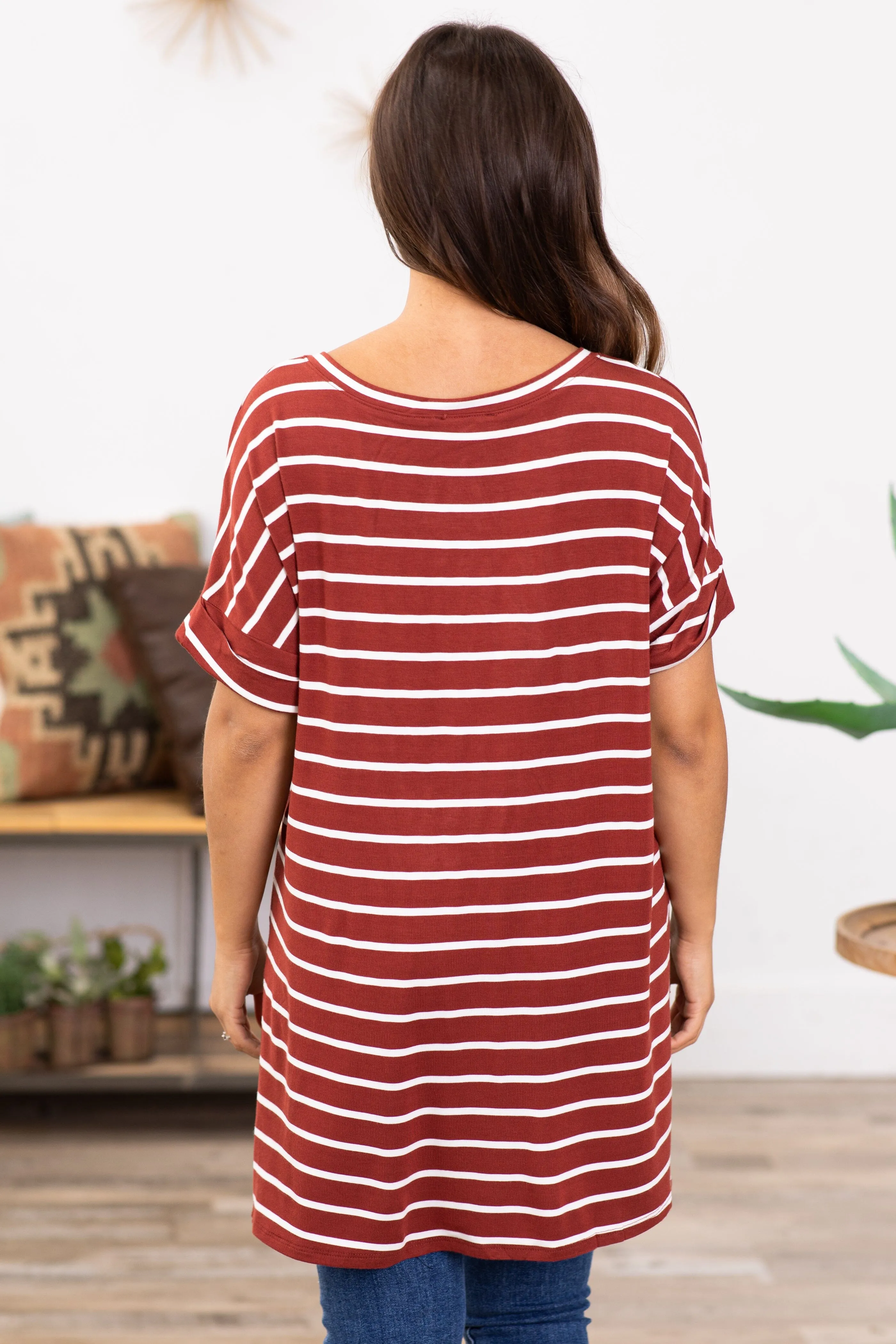 Rust and Off White Stripe V-Neck Top