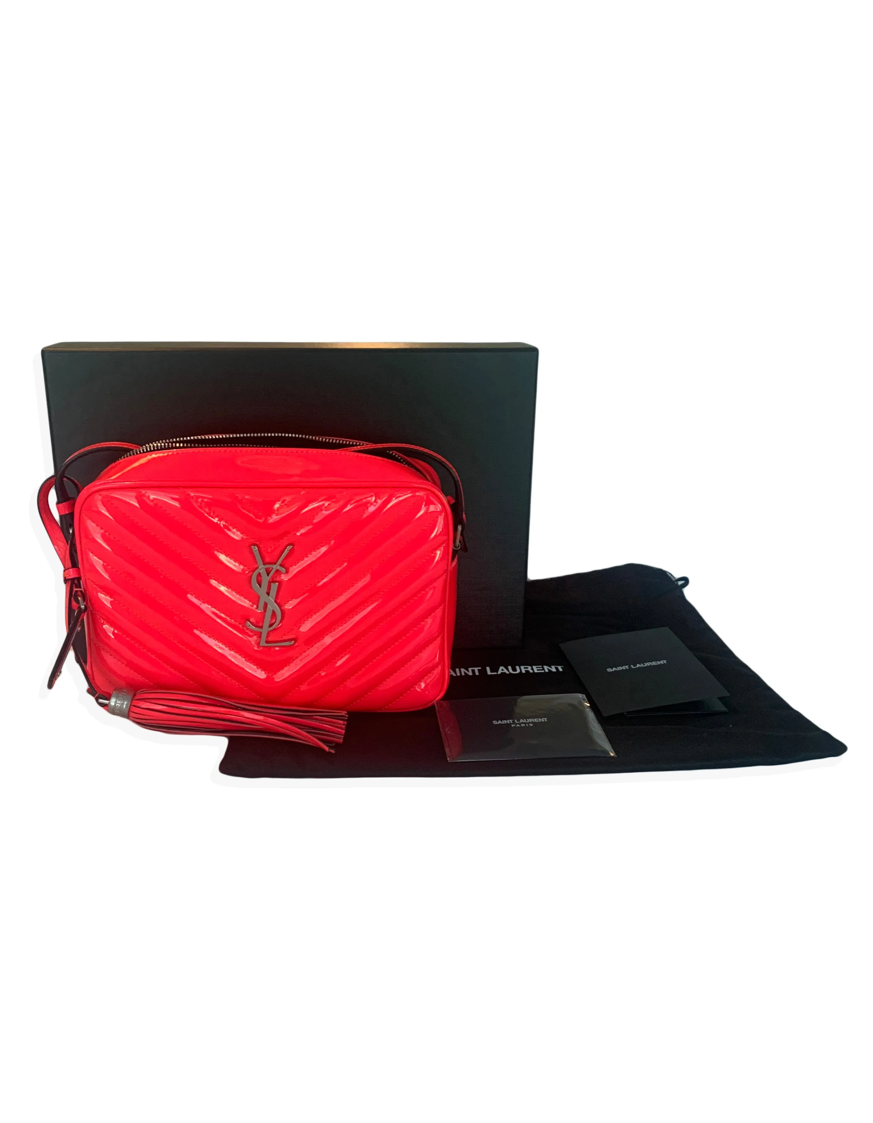 Saint Laurent Neon Pink Matelasse Patent Leather Lou Crossbody Camera Bag