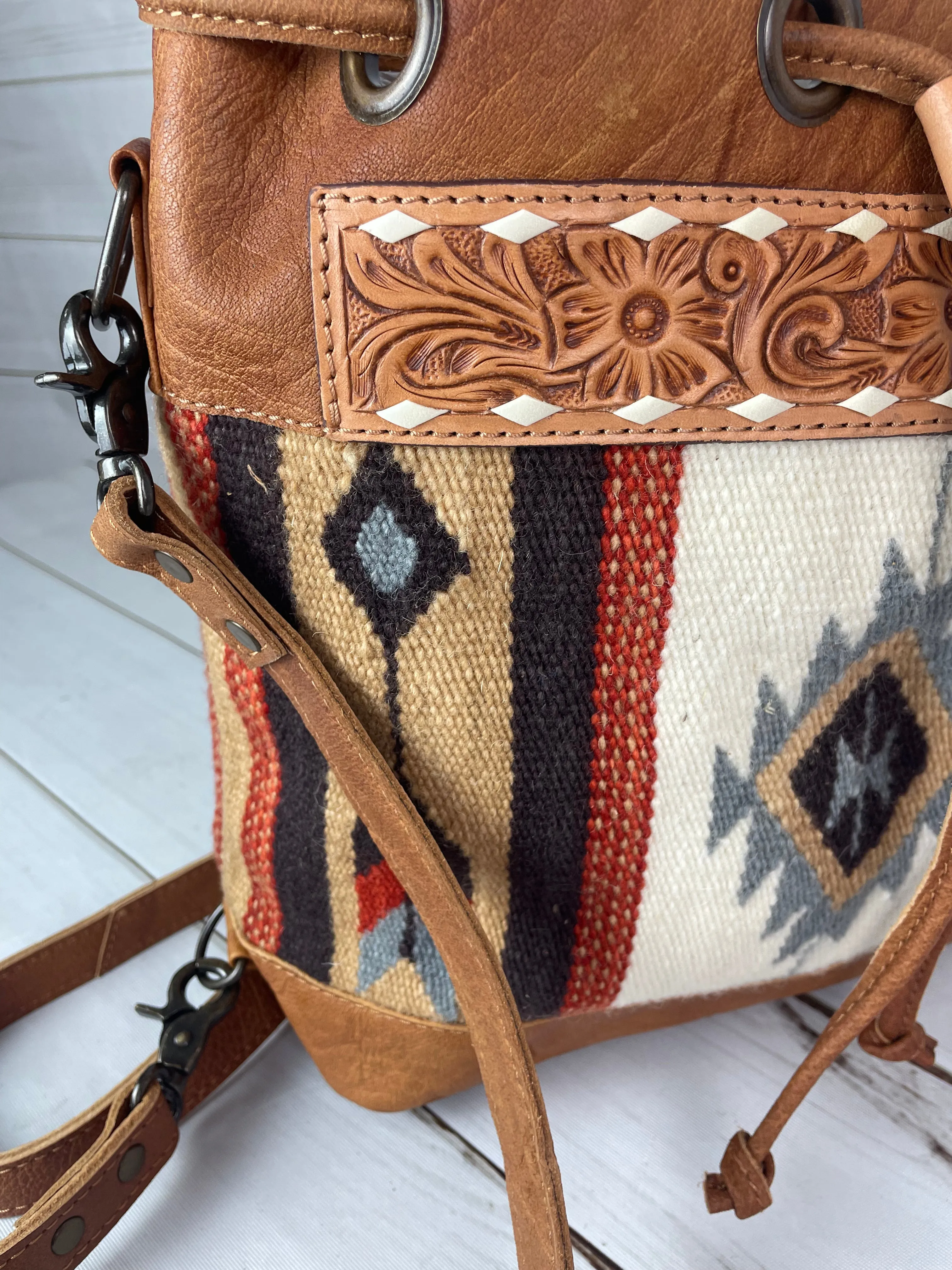 SALE! Churro Arrow Convertible Leather Wool Crossbody Backpack Bucket Bag