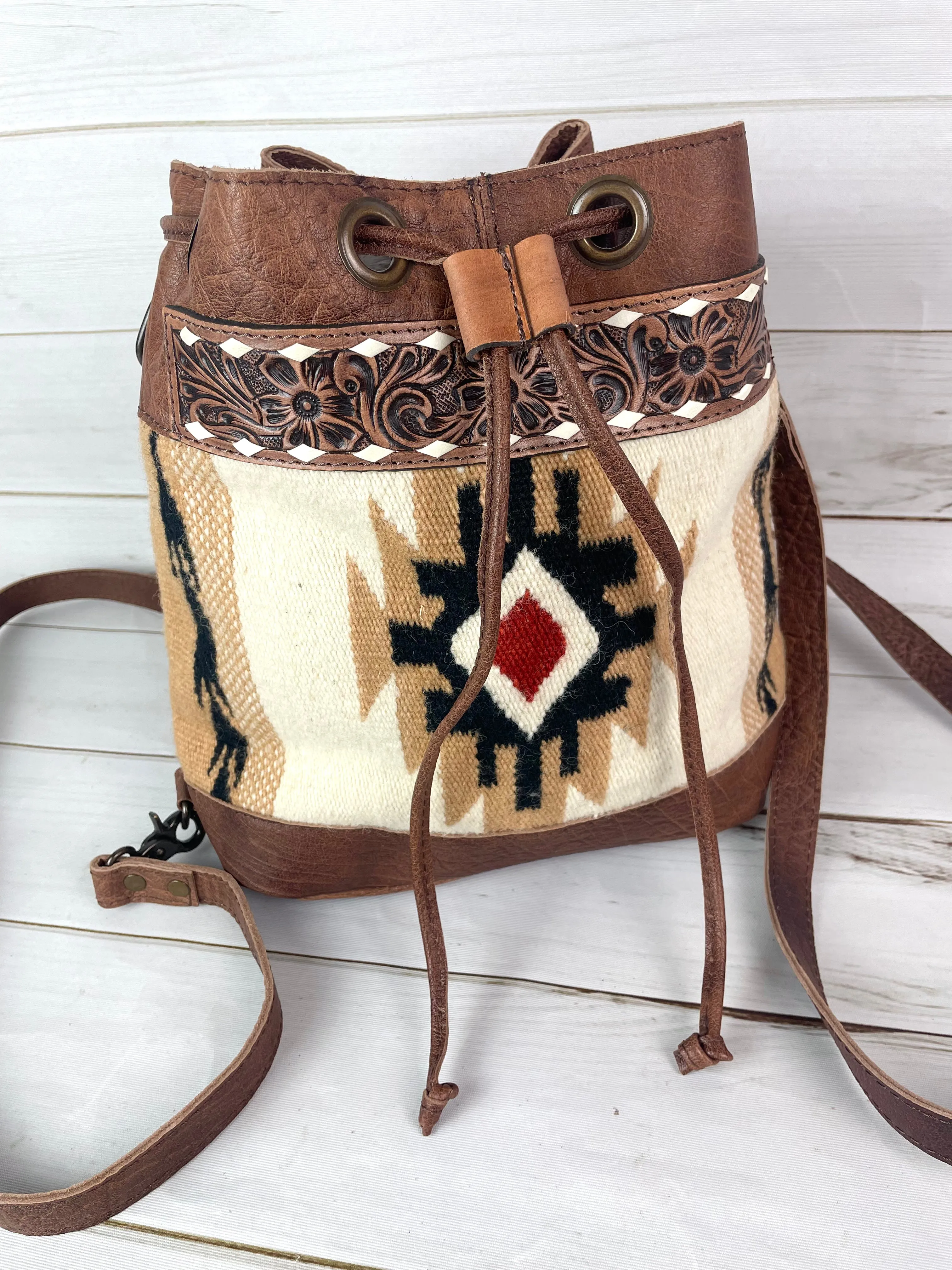SALE! Tan Churro Convertible Leather Wool Crossbody Backpack Bucket Bag