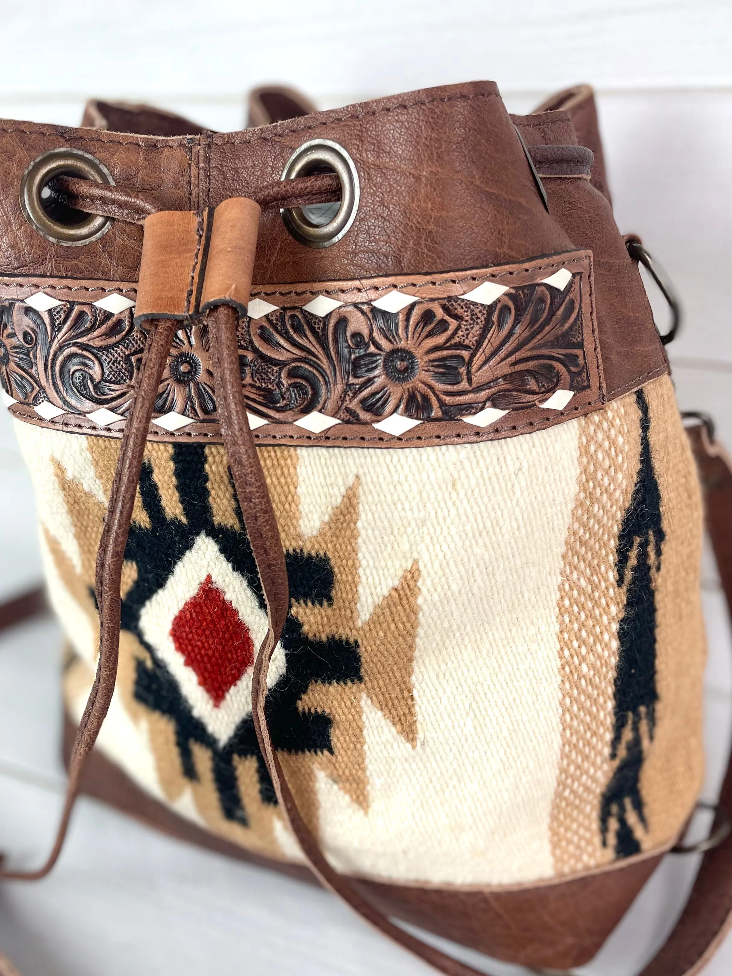 SALE! Tan Churro Convertible Leather Wool Crossbody Backpack Bucket Bag