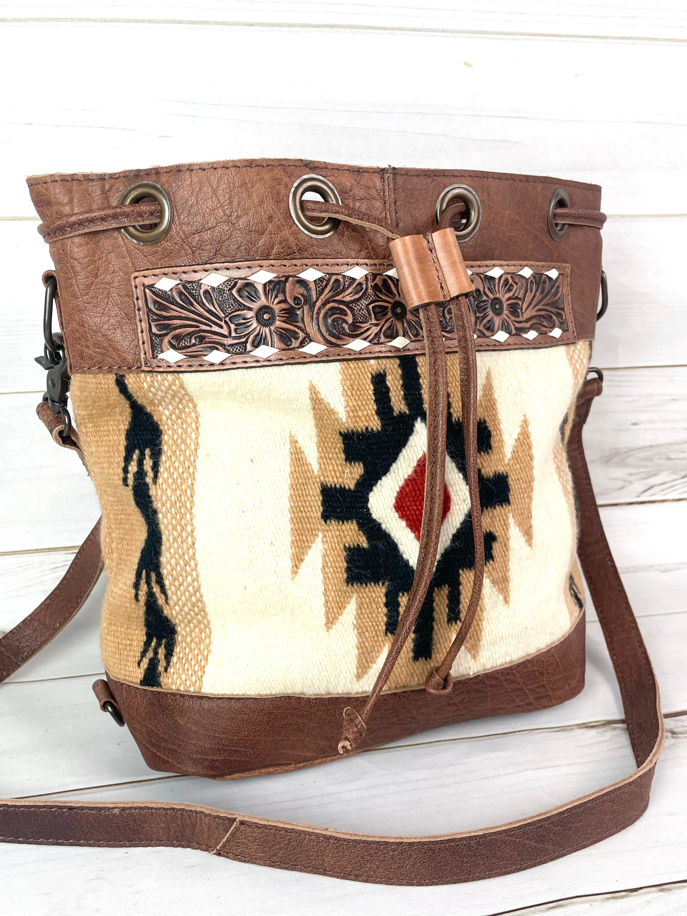 SALE! Tan Churro Convertible Leather Wool Crossbody Backpack Bucket Bag