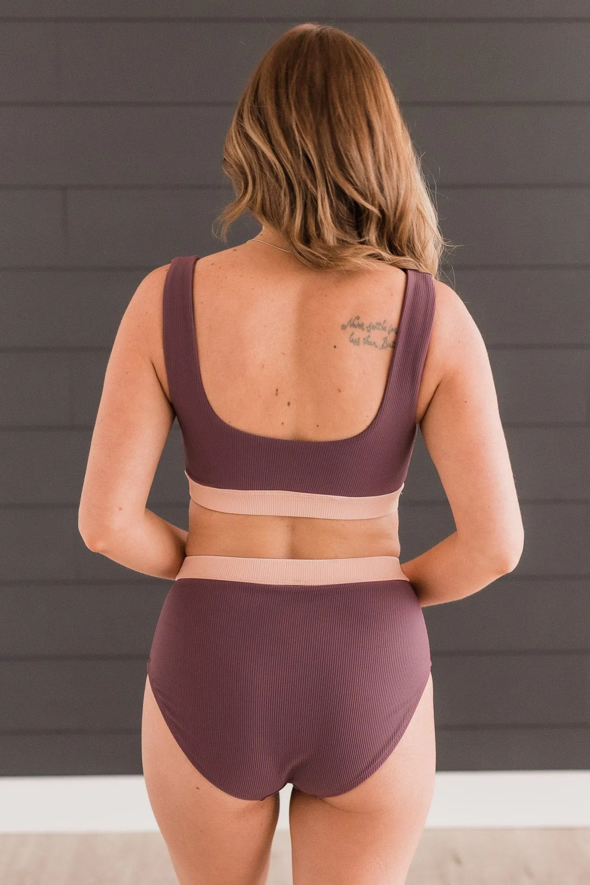 Sandy Shores Ribbed Knit Swim Bottoms- Eggplant & Pink