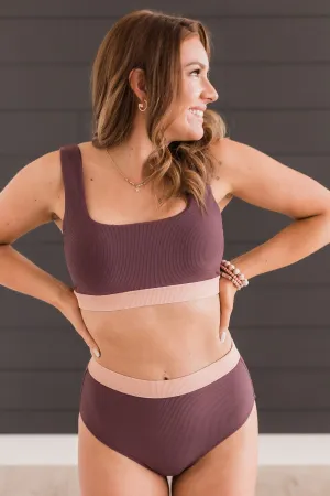 Sandy Shores Ribbed Knit Swim Bottoms- Eggplant & Pink