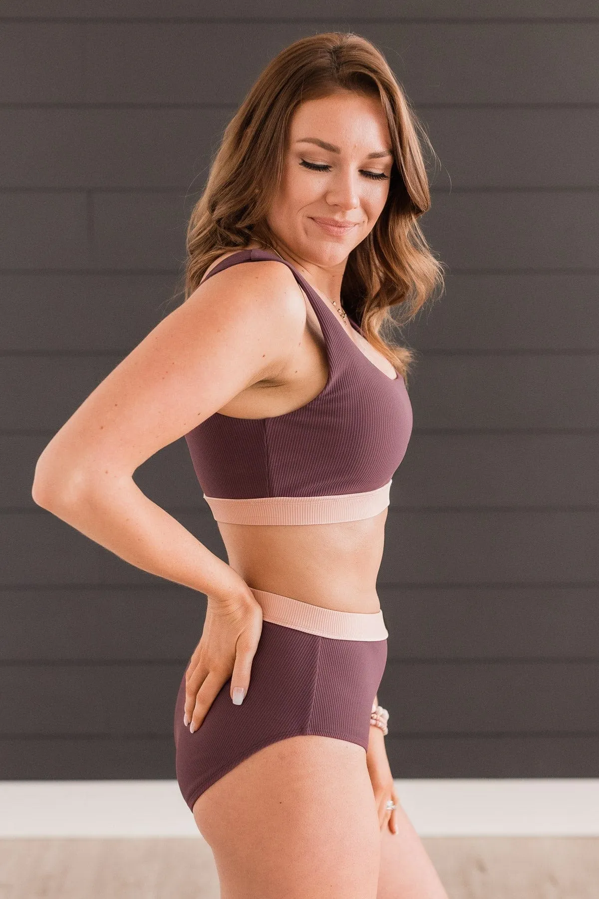 Sandy Shores Ribbed Knit Swim Bottoms- Eggplant & Pink