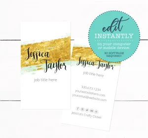 Seafoam Gold Glitter Paint Brush Business Card Template