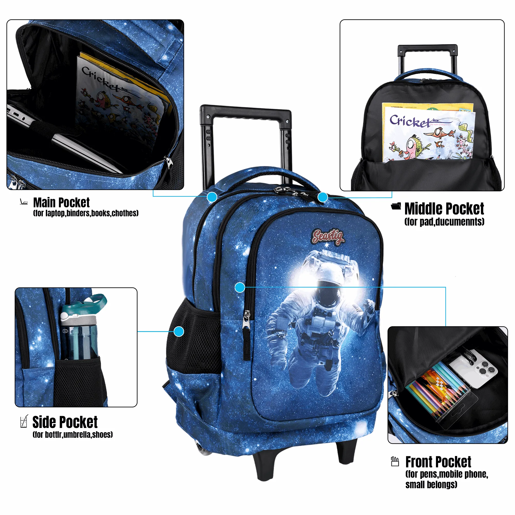 Seastig Blue Cosmonaut 18 inch Rolling Backpack