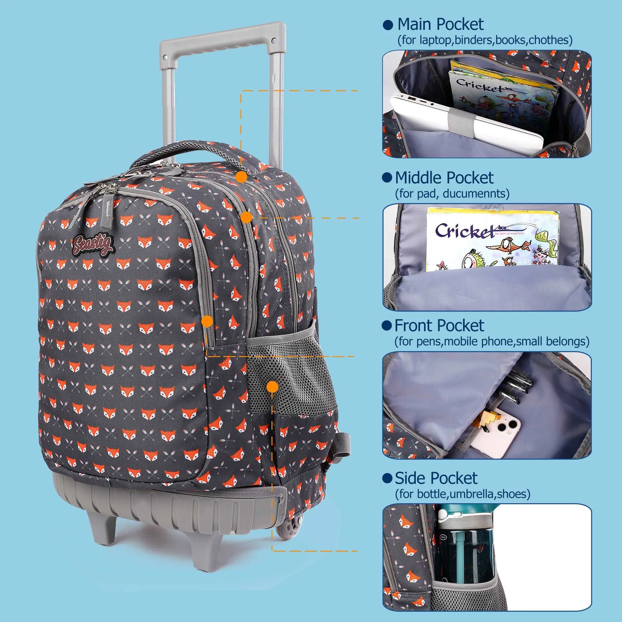 seastig Yellow Little Fox 18in Rolling Backpack with Wheels School Travel Bag