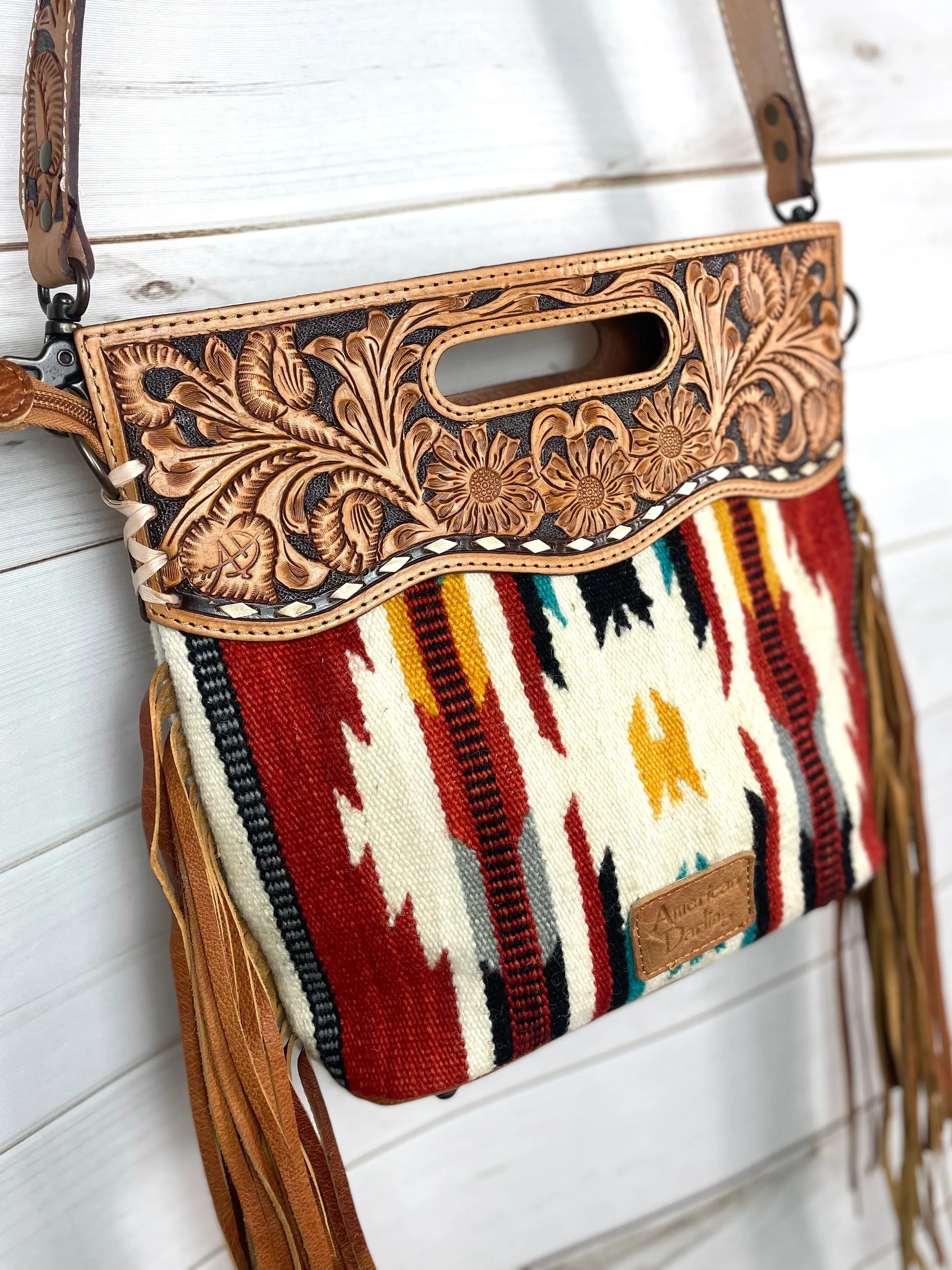 Serape Red, Yellow, Teal Wool Leather Handle Fringe Bag