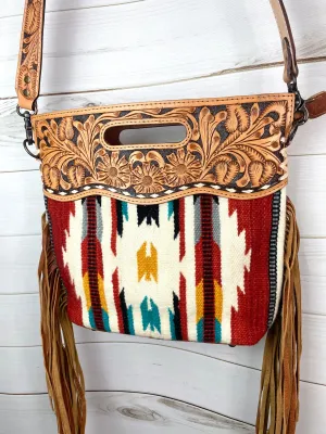 Serape Red, Yellow, Teal Wool Leather Handle Fringe Bag