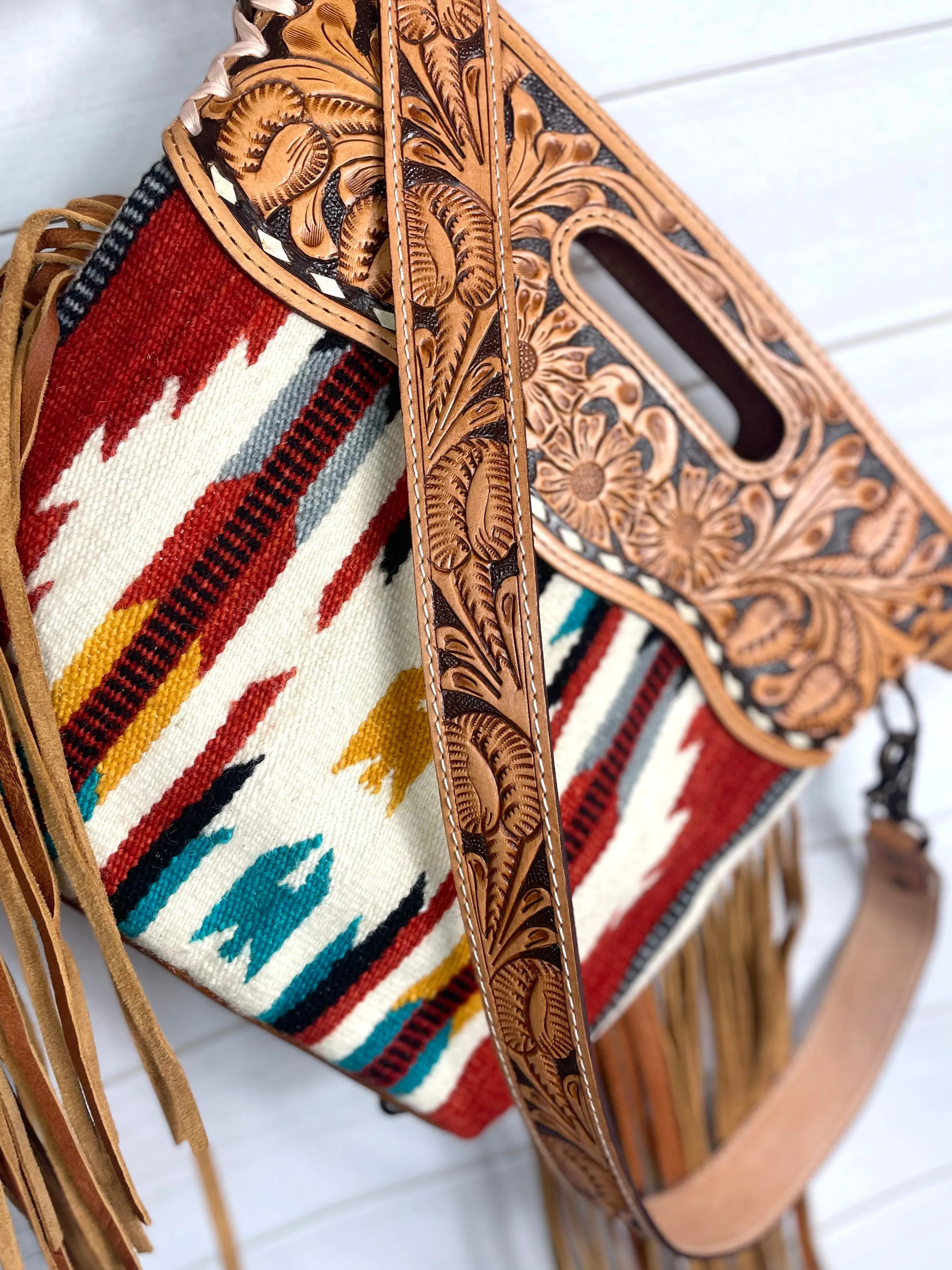 Serape Red, Yellow, Teal Wool Leather Handle Fringe Bag