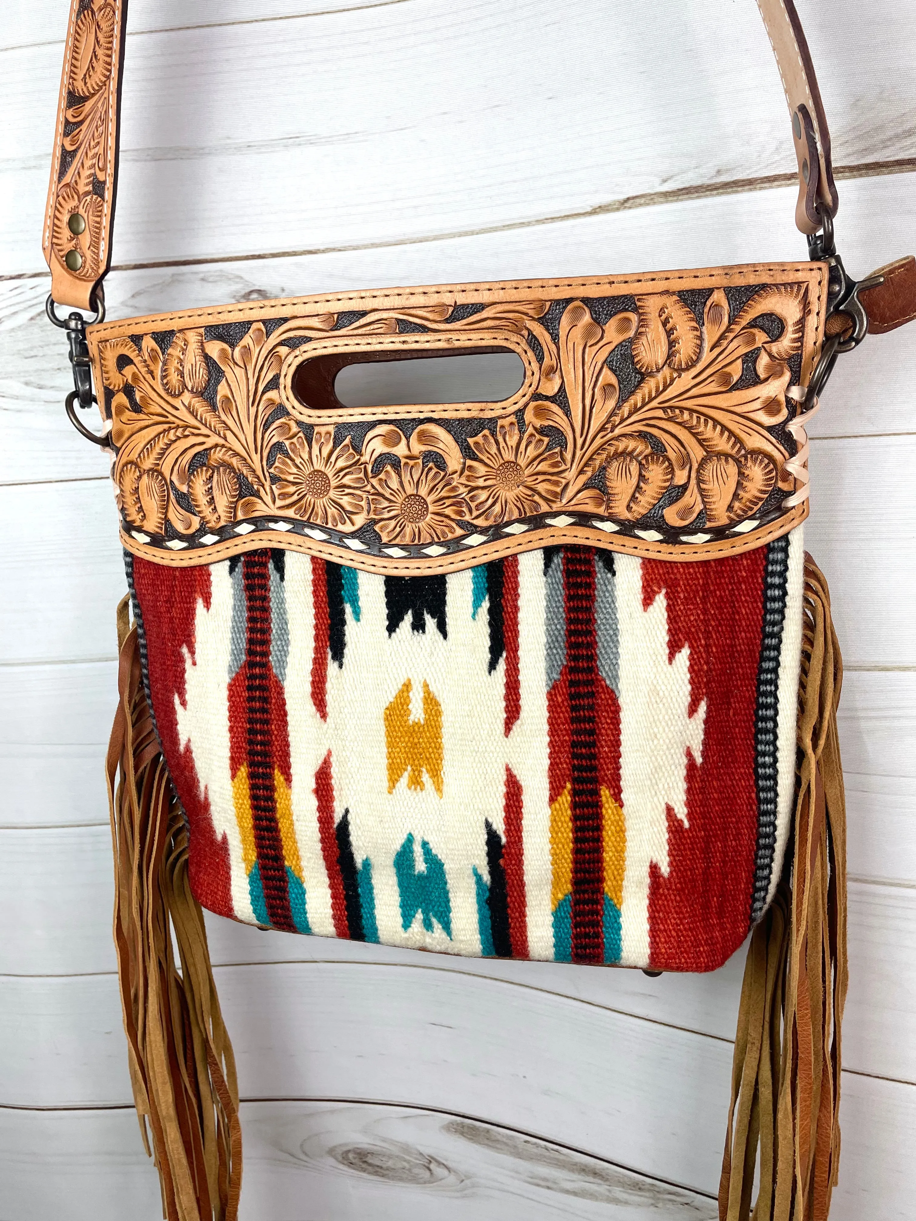 Serape Red, Yellow, Teal Wool Leather Handle Fringe Bag