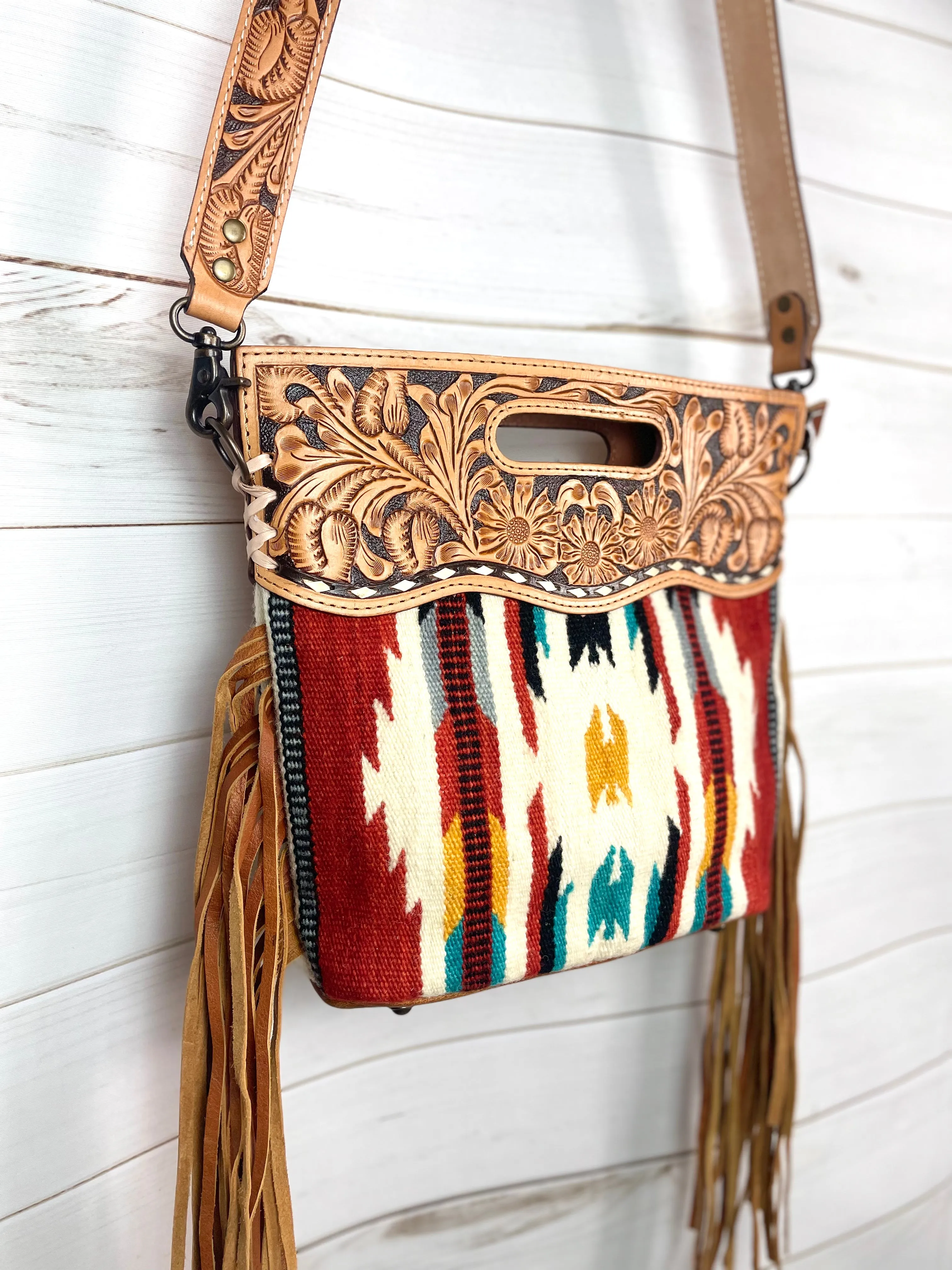 Serape Red, Yellow, Teal Wool Leather Handle Fringe Bag