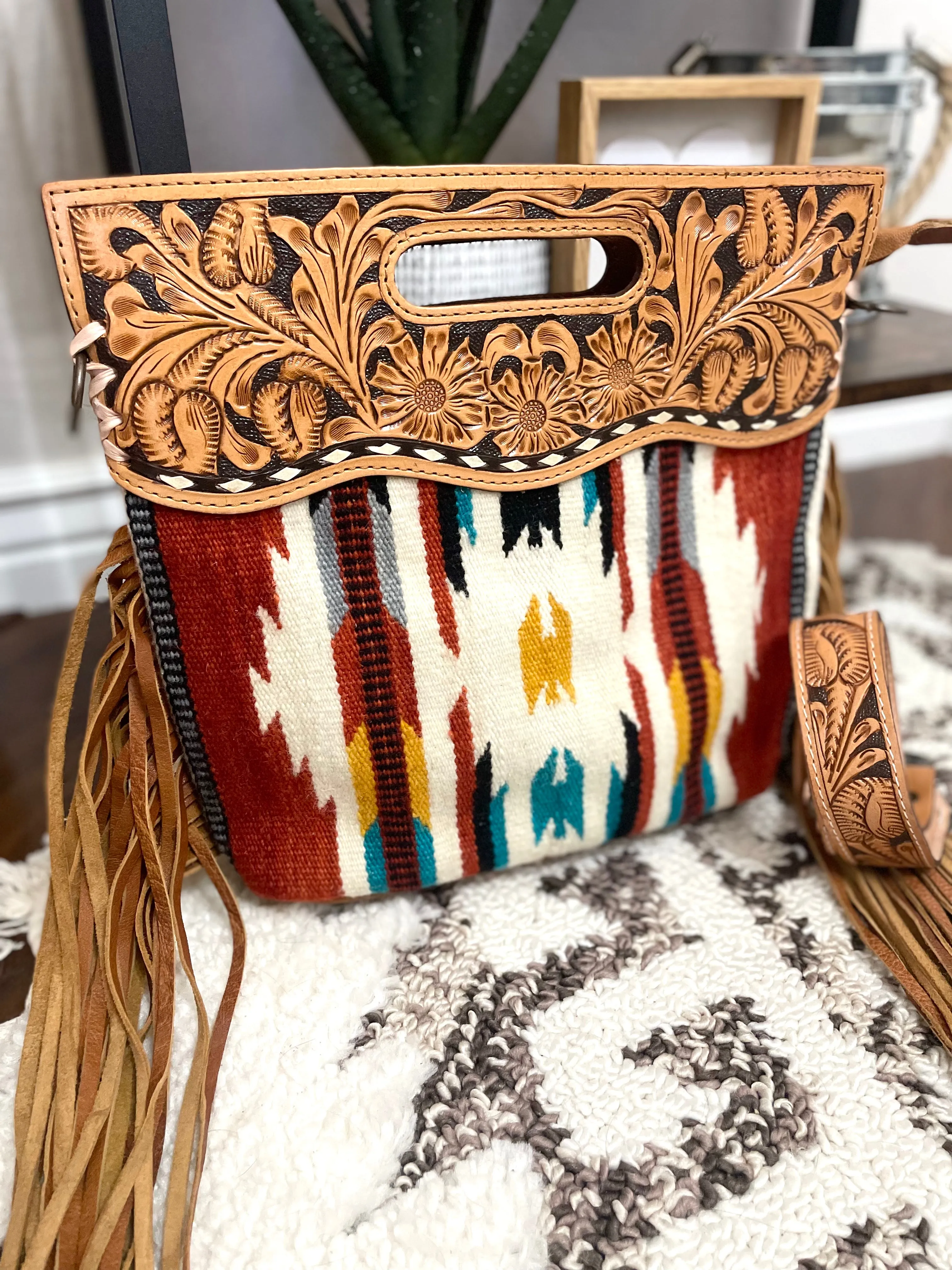 Serape Red, Yellow, Teal Wool Leather Handle Fringe Bag