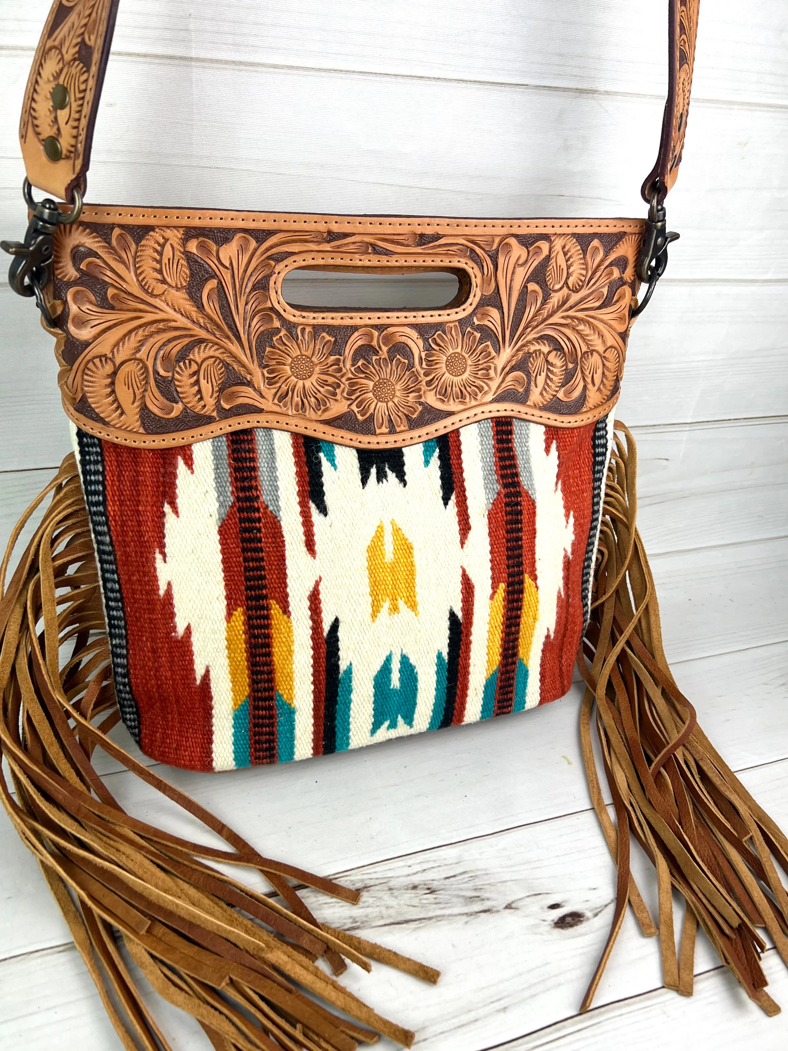 Serape Red, Yellow, Teal Wool Leather Handle Fringe Bag