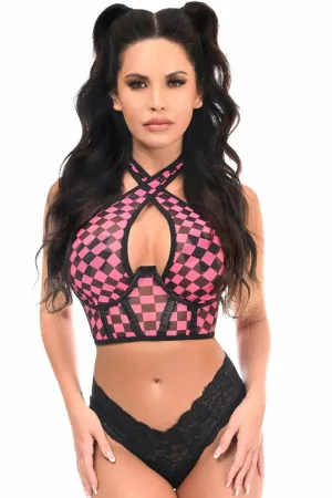 Sexy Black with Pink Checker Mesh Underwire Cincher with Built In Halter Top