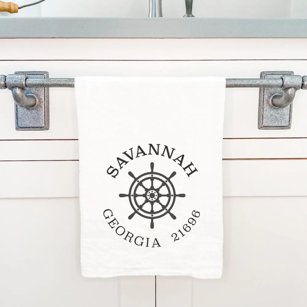 Ship Wheel w/ City and State - Cotton Tea Towel