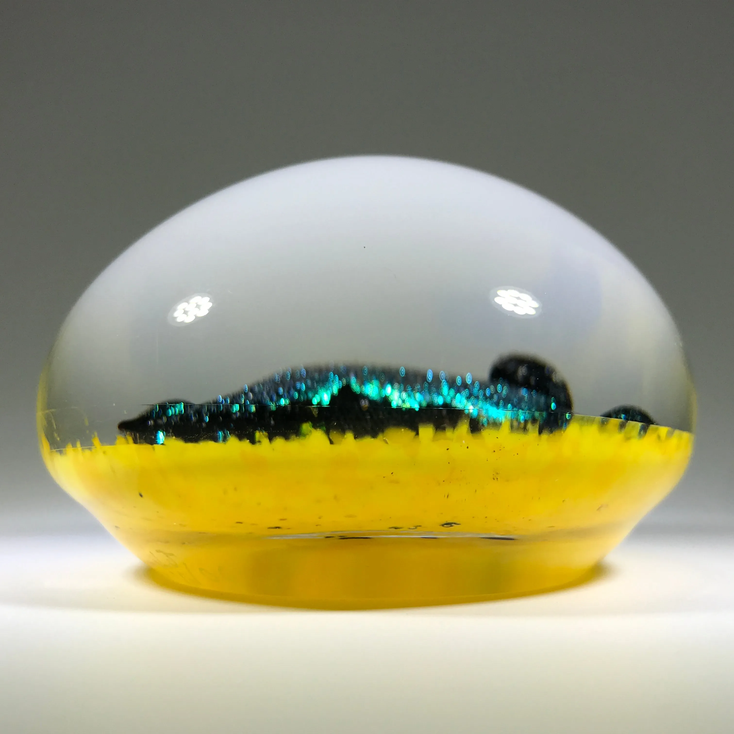 Signed Lewis Wilson Art Glass Paperweight Lampwork Dichroic Horse on Yellow Ground