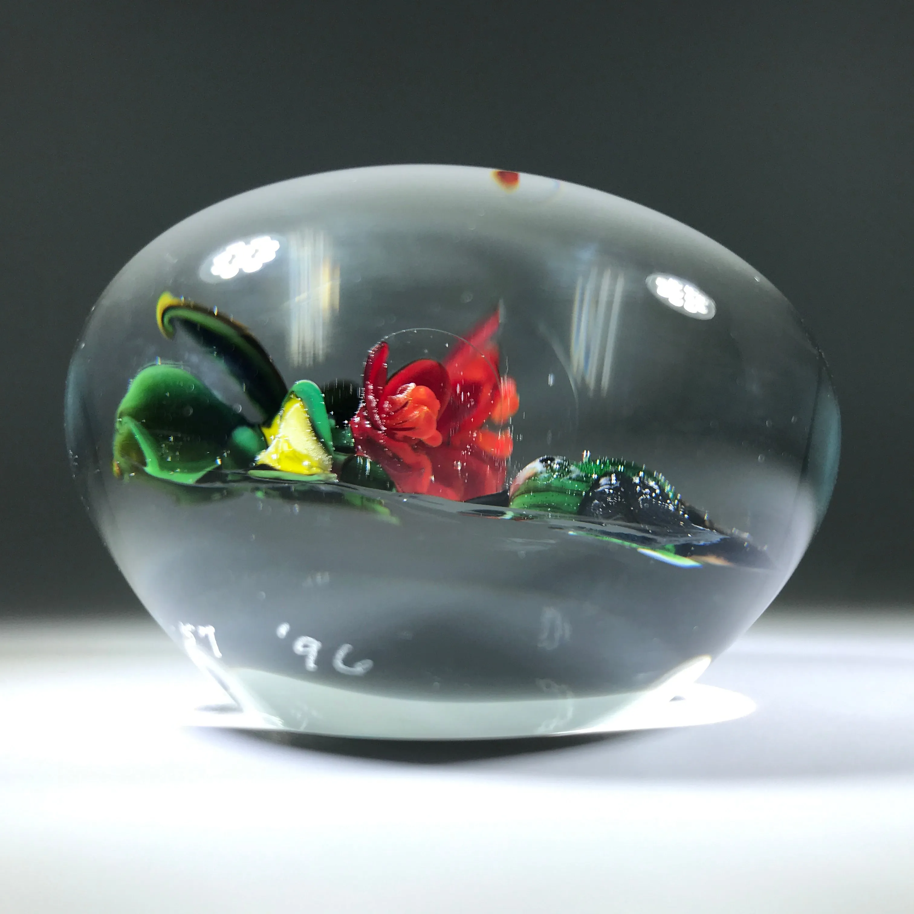 Signed Rick Ayotte Art Glass Paperweight Lampwork Hummingbird Feeding at Red Blossoms