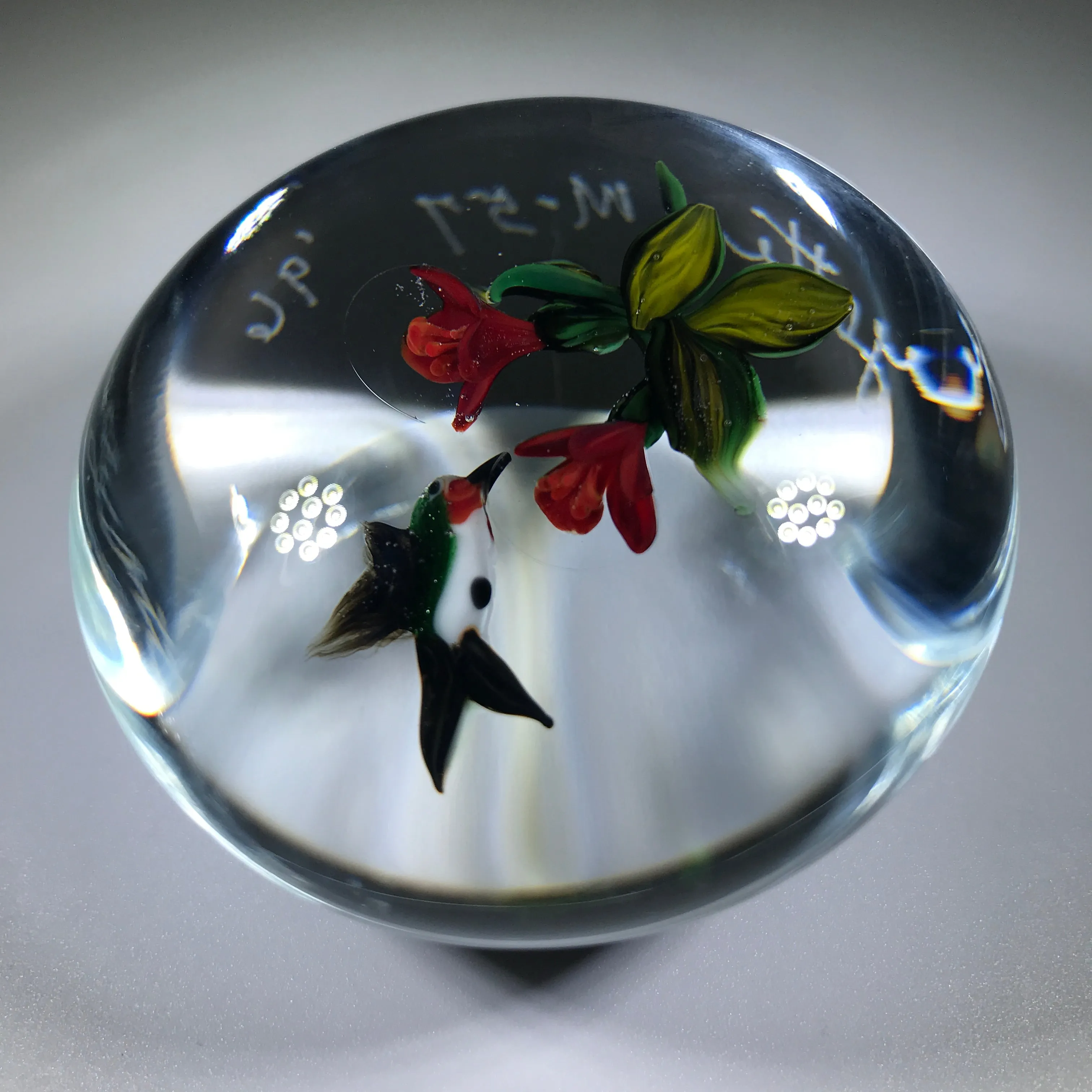 Signed Rick Ayotte Art Glass Paperweight Lampwork Hummingbird Feeding at Red Blossoms