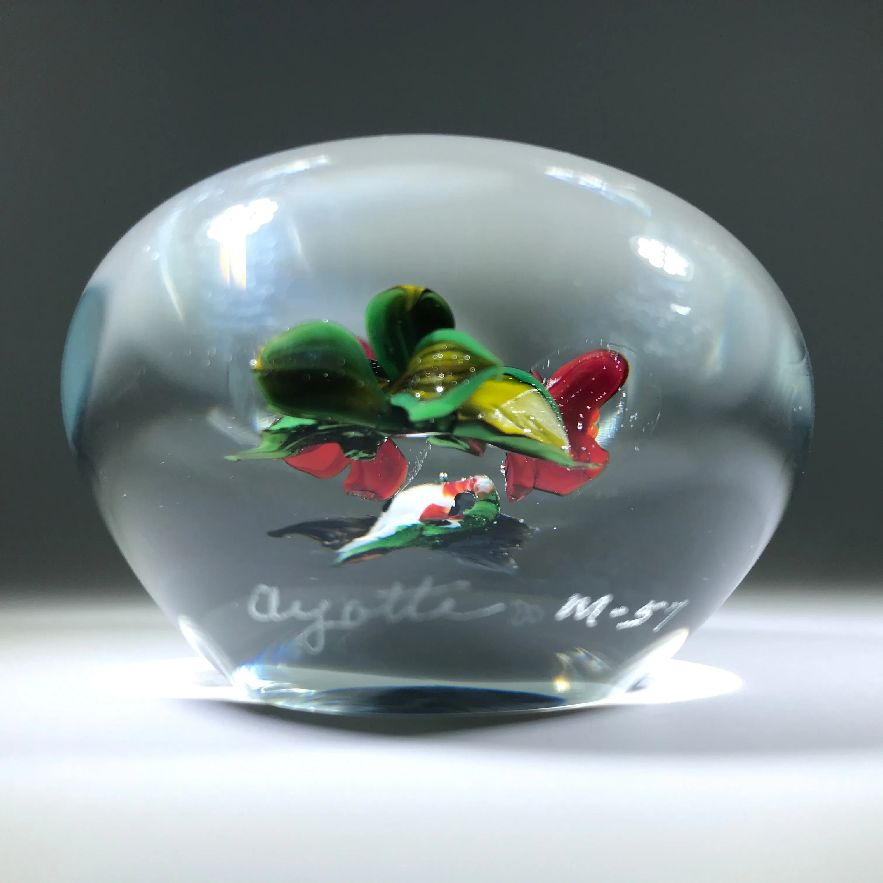 Signed Rick Ayotte Art Glass Paperweight Lampwork Hummingbird Feeding at Red Blossoms