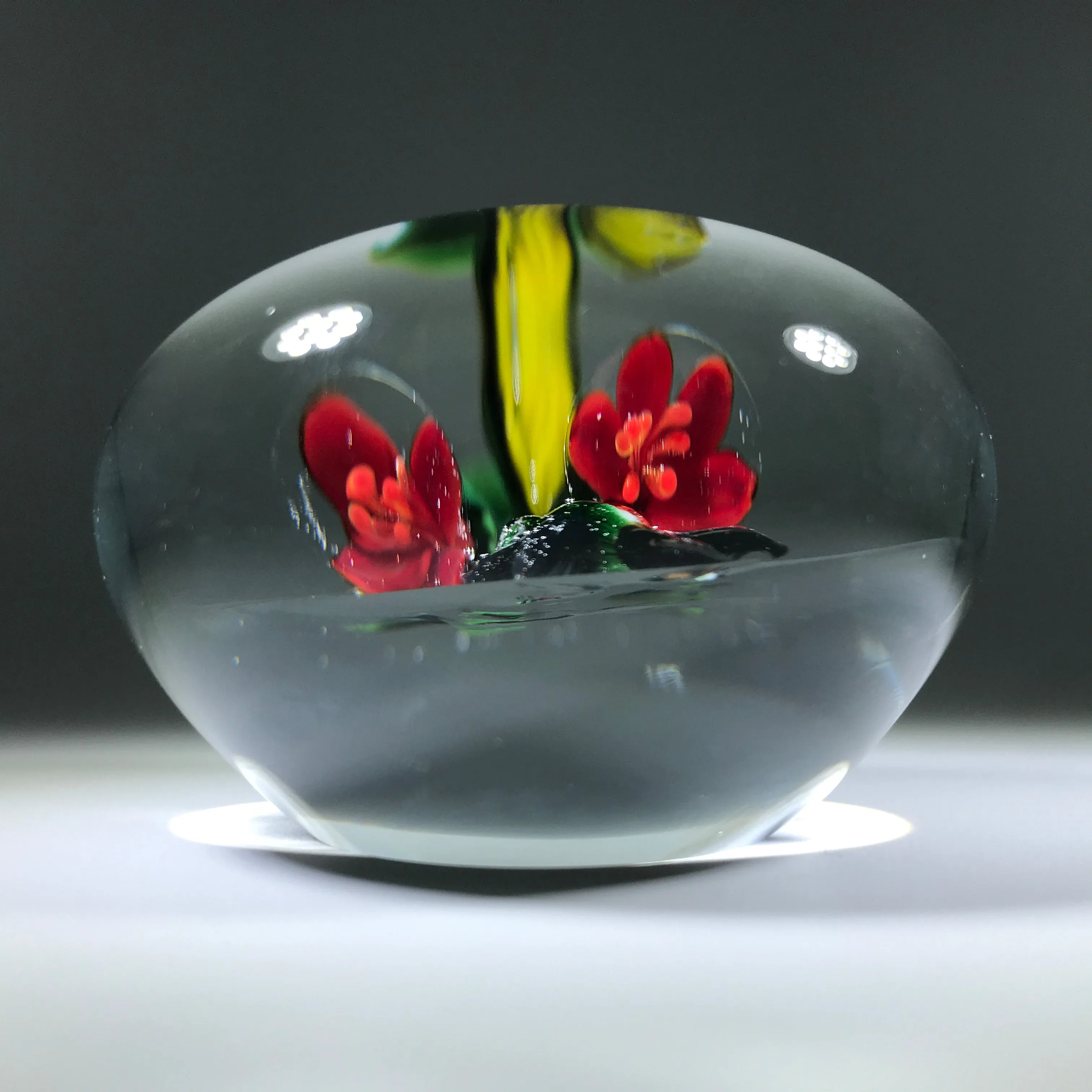 Signed Rick Ayotte Art Glass Paperweight Lampwork Hummingbird Feeding at Red Blossoms