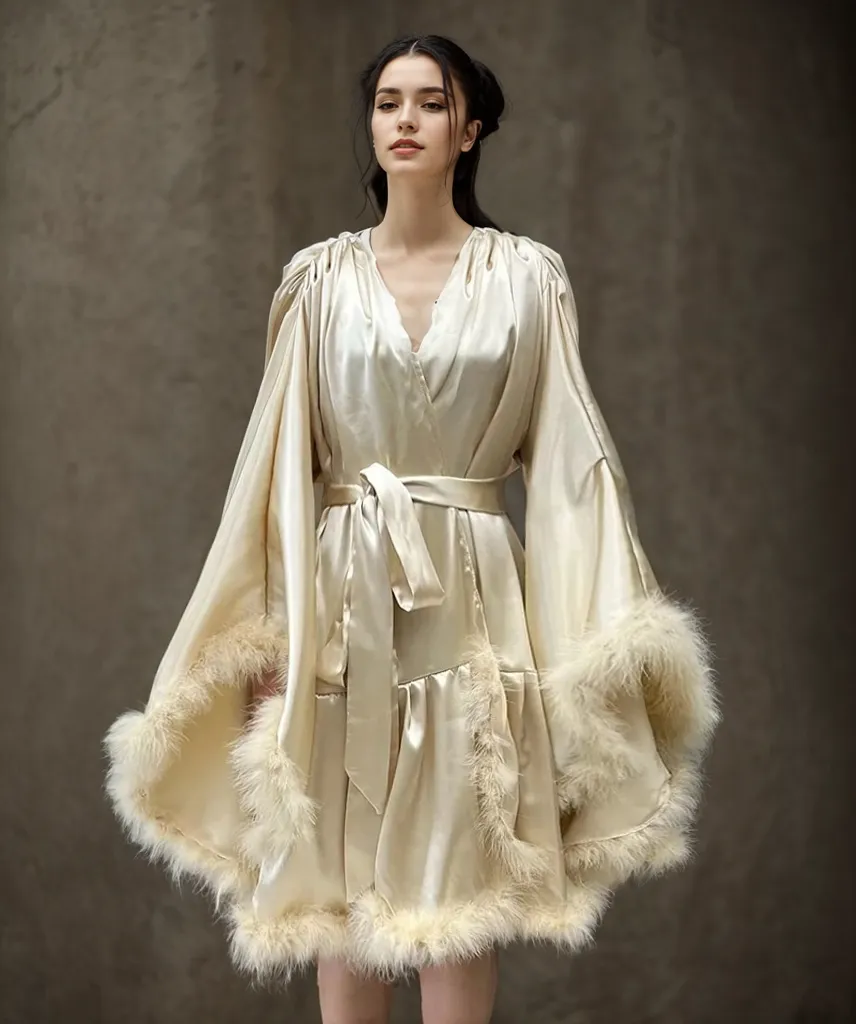 Silky satin faux turkey fur feather fringe short robe dress costume