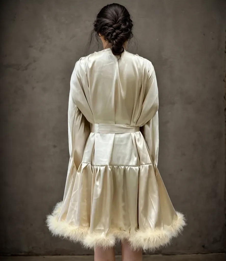 Silky satin faux turkey fur feather fringe short robe dress costume