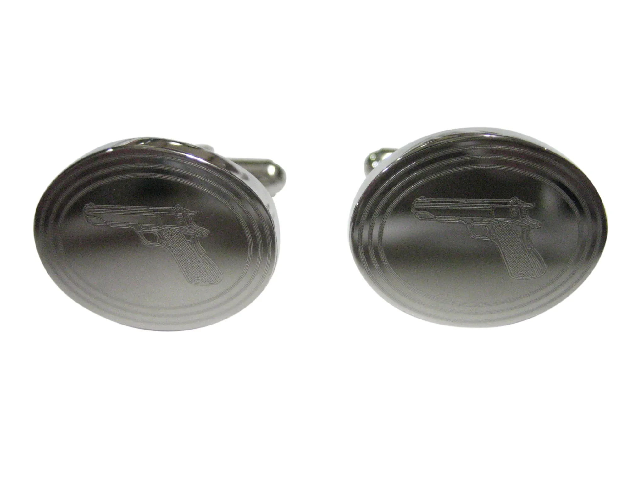 Silver Toned Etched Oval Modern Handgun Cufflinks