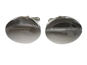 Silver Toned Etched Oval Simple Modern Handgun Cufflinks