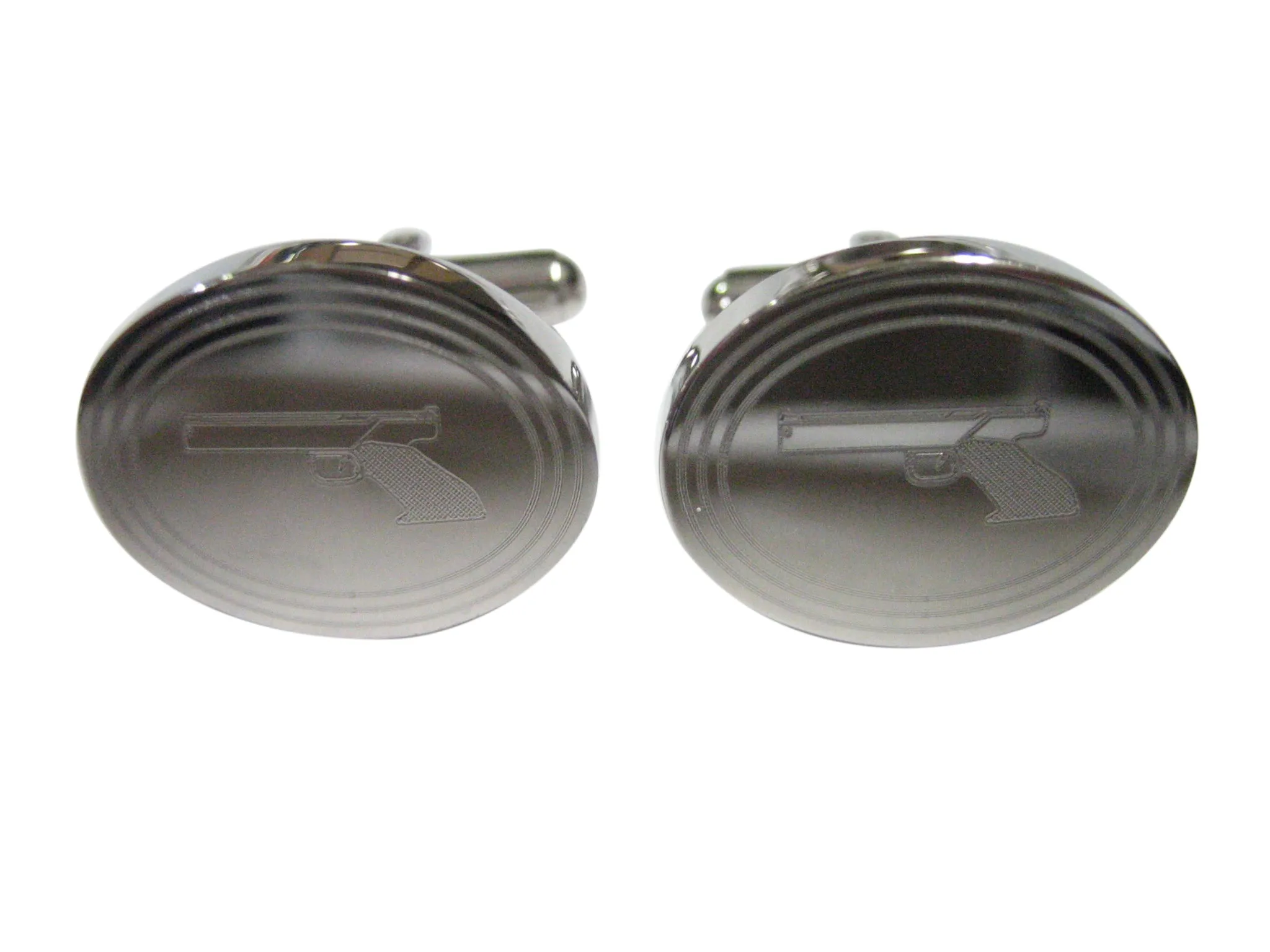 Silver Toned Etched Oval Simple Modern Handgun Cufflinks