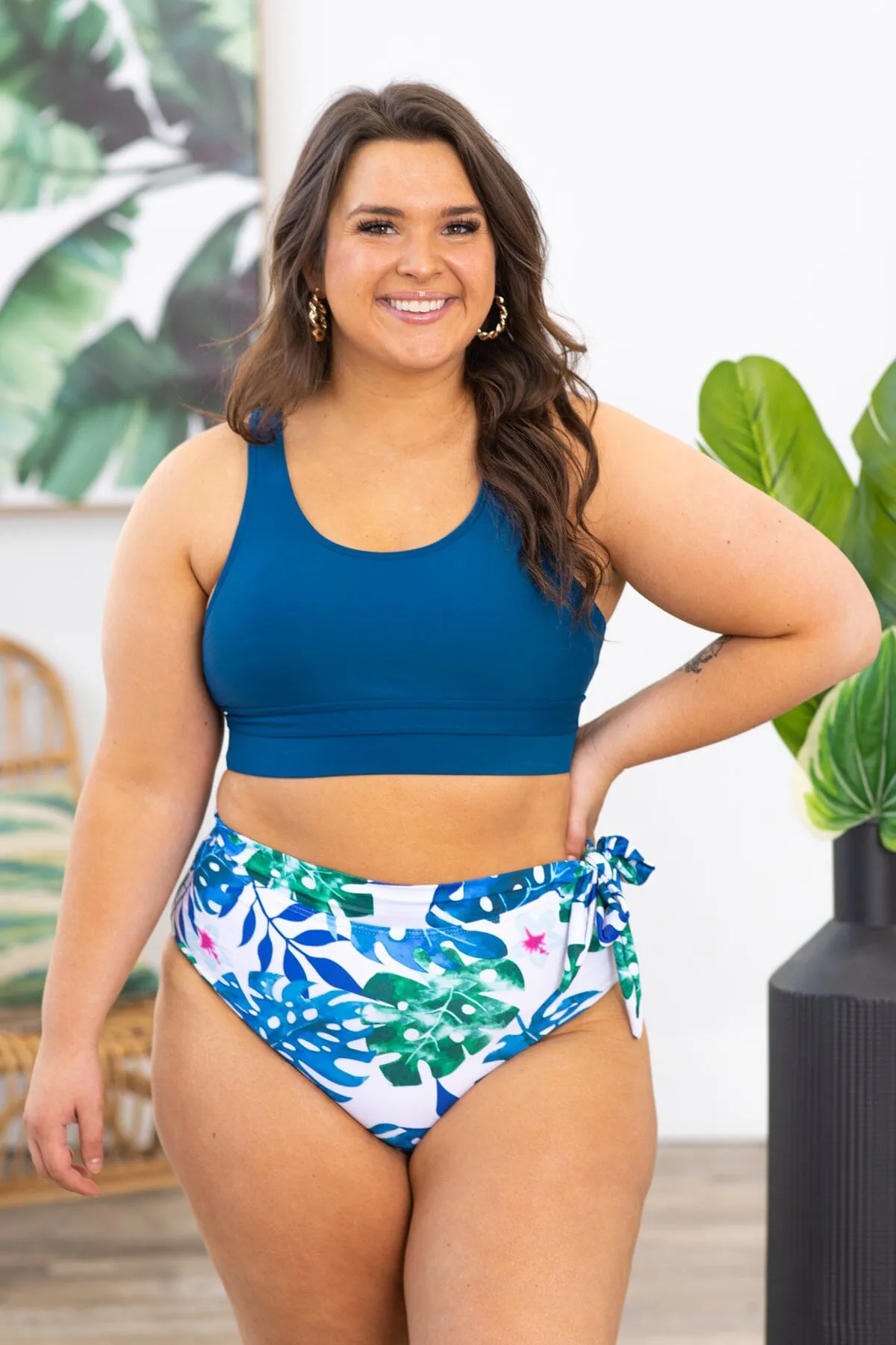 Slate Blue Palm Print Two Piece Swimsuit