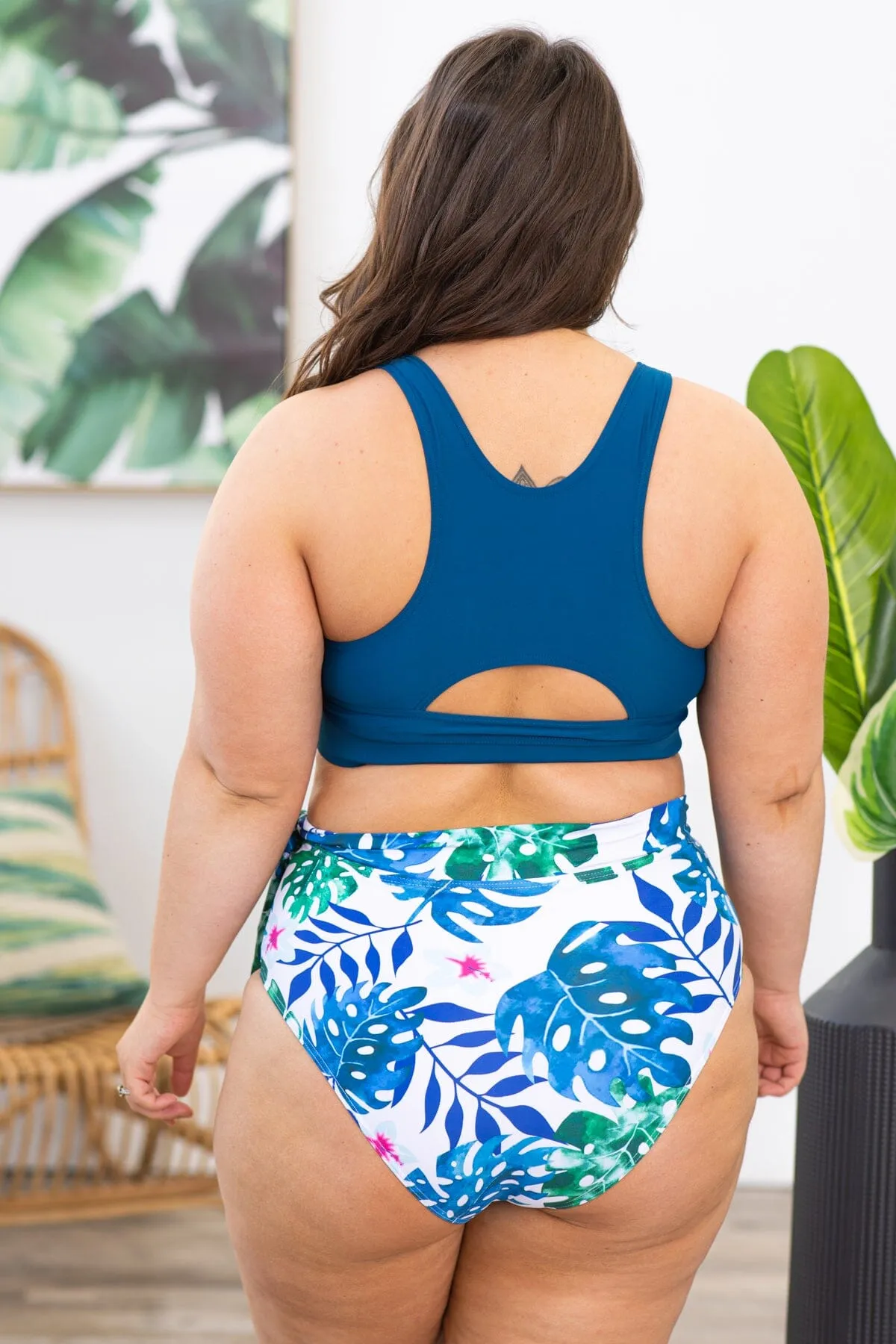 Slate Blue Palm Print Two Piece Swimsuit