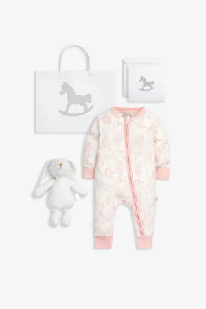Sleepsuit and Bunny Gift Set, rose pink woodland print