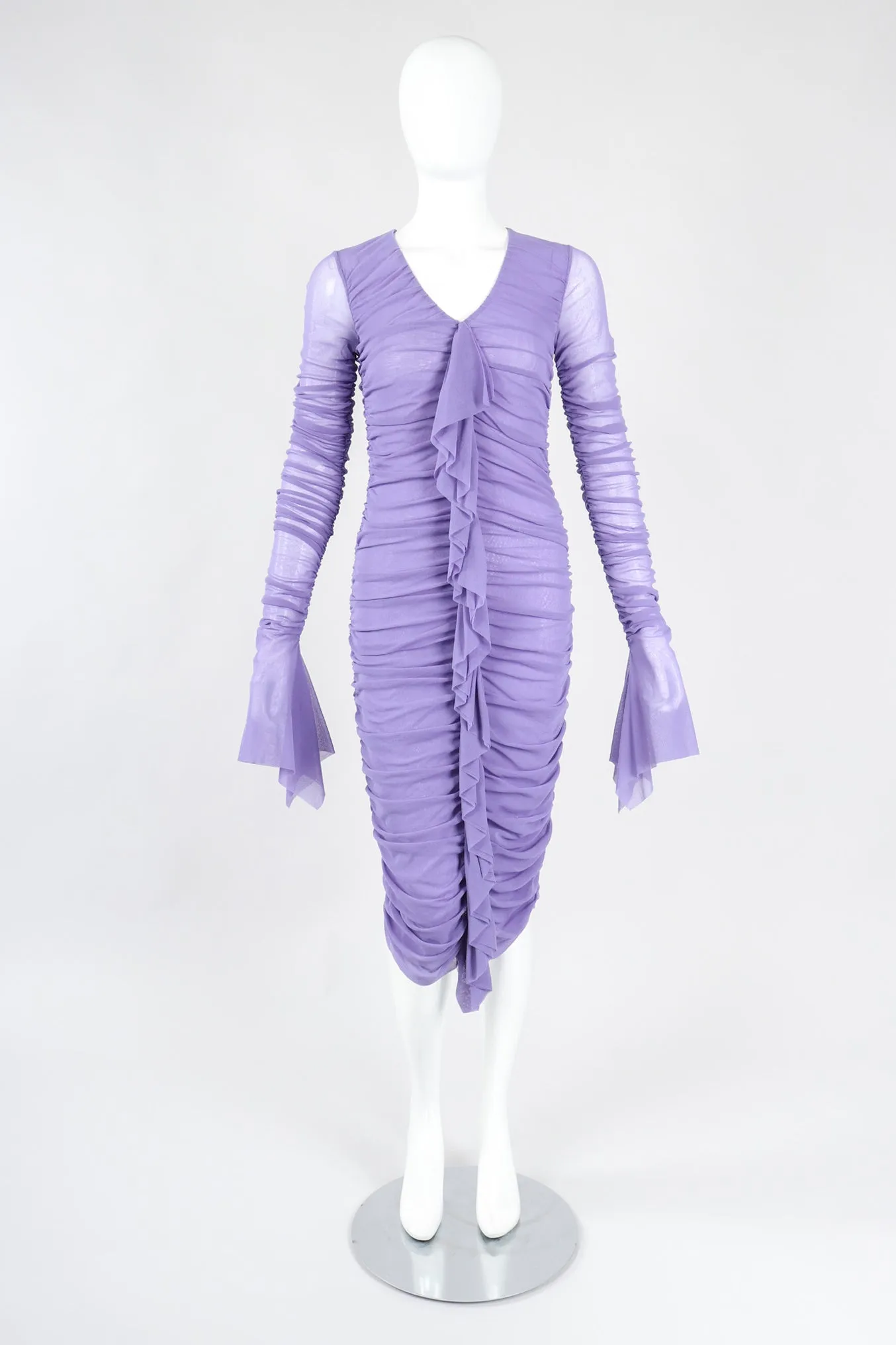 Soleil Ruched Mesh Ruffle Cuff Dress
