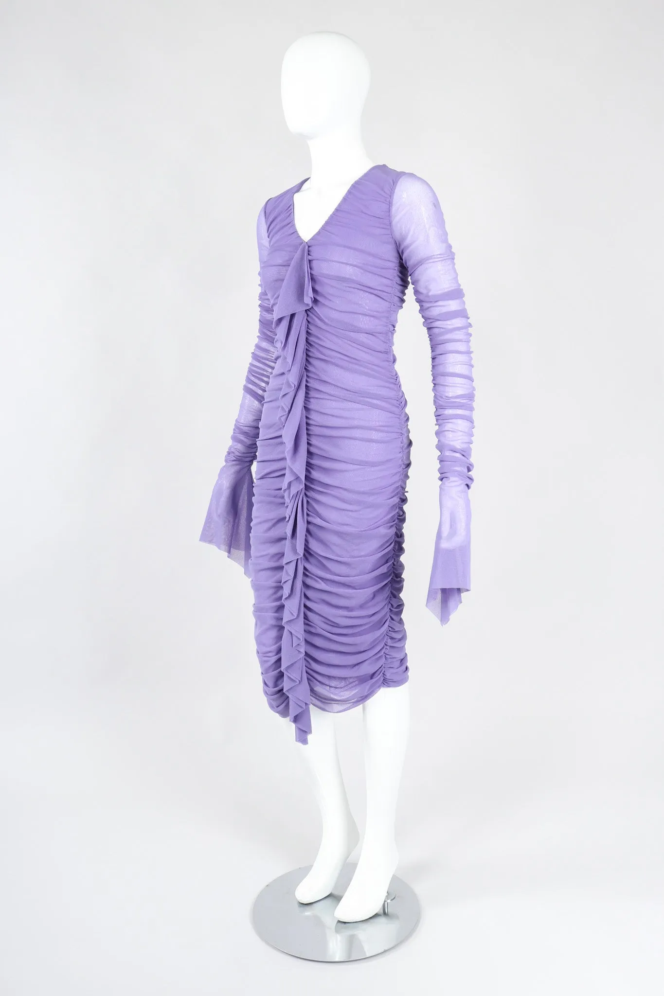 Soleil Ruched Mesh Ruffle Cuff Dress