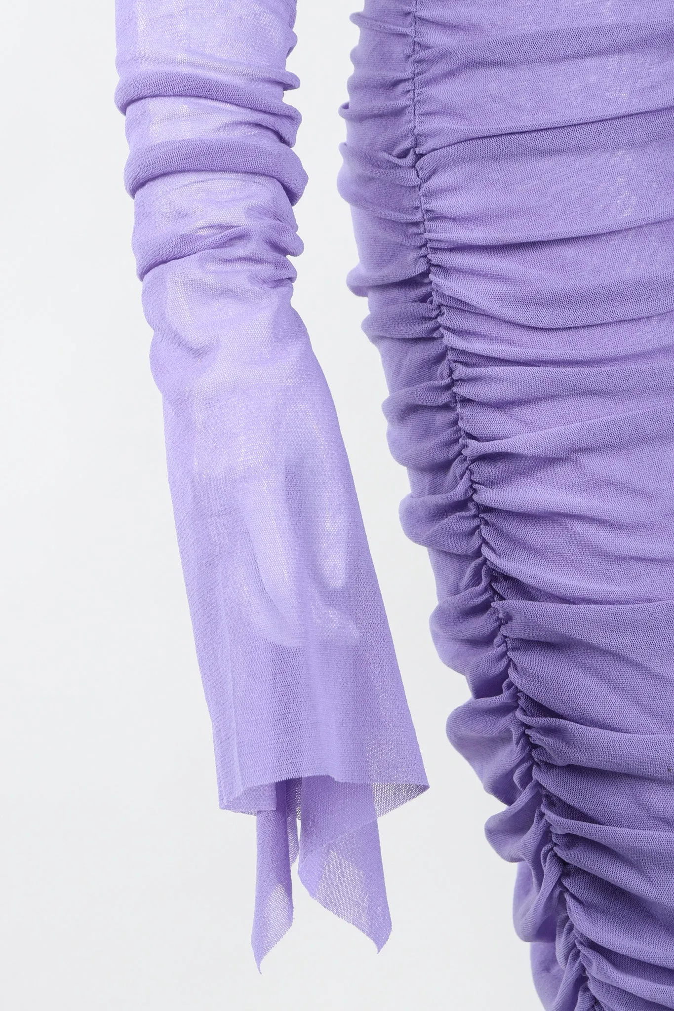 Soleil Ruched Mesh Ruffle Cuff Dress