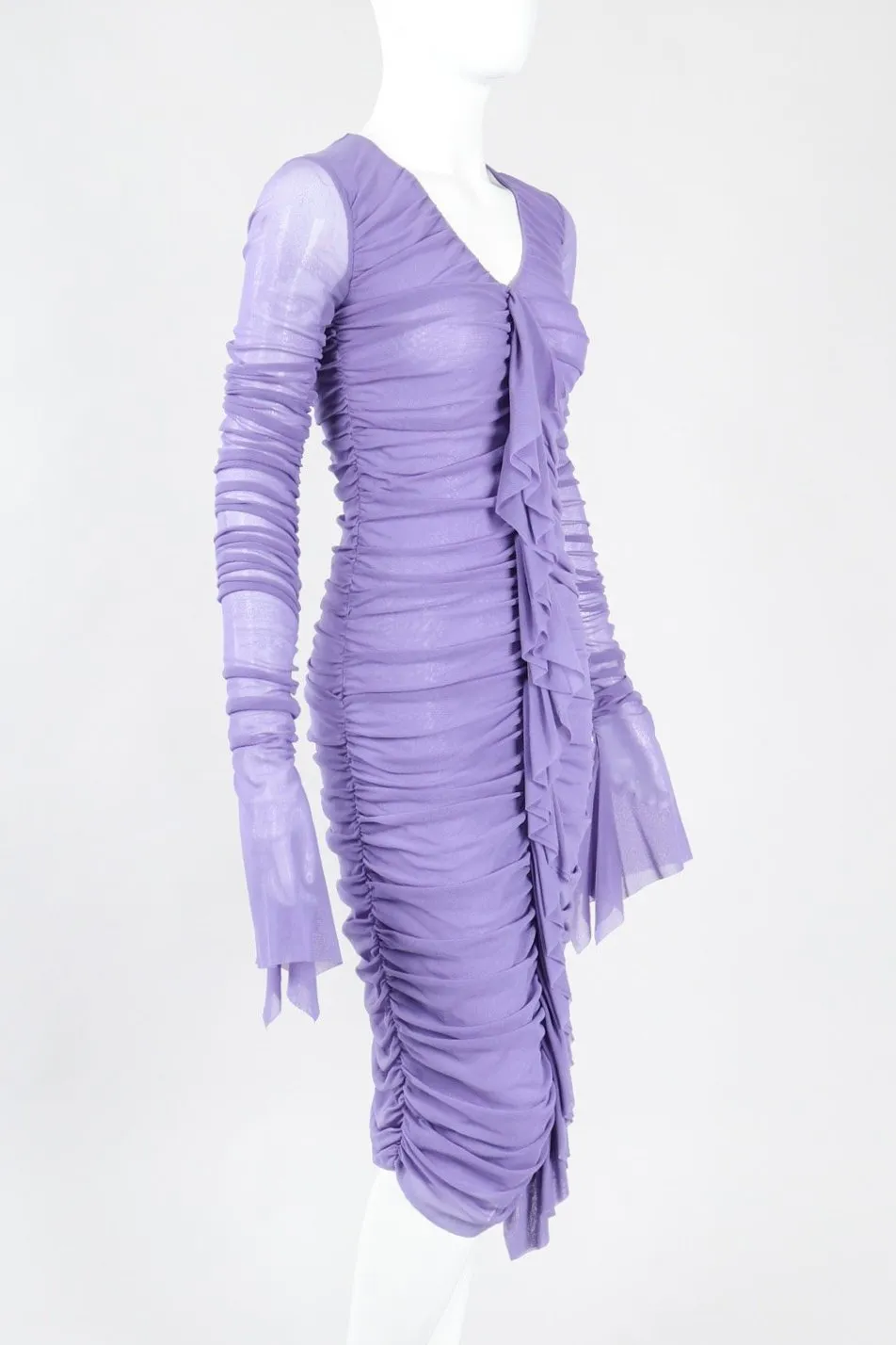 Soleil Ruched Mesh Ruffle Cuff Dress