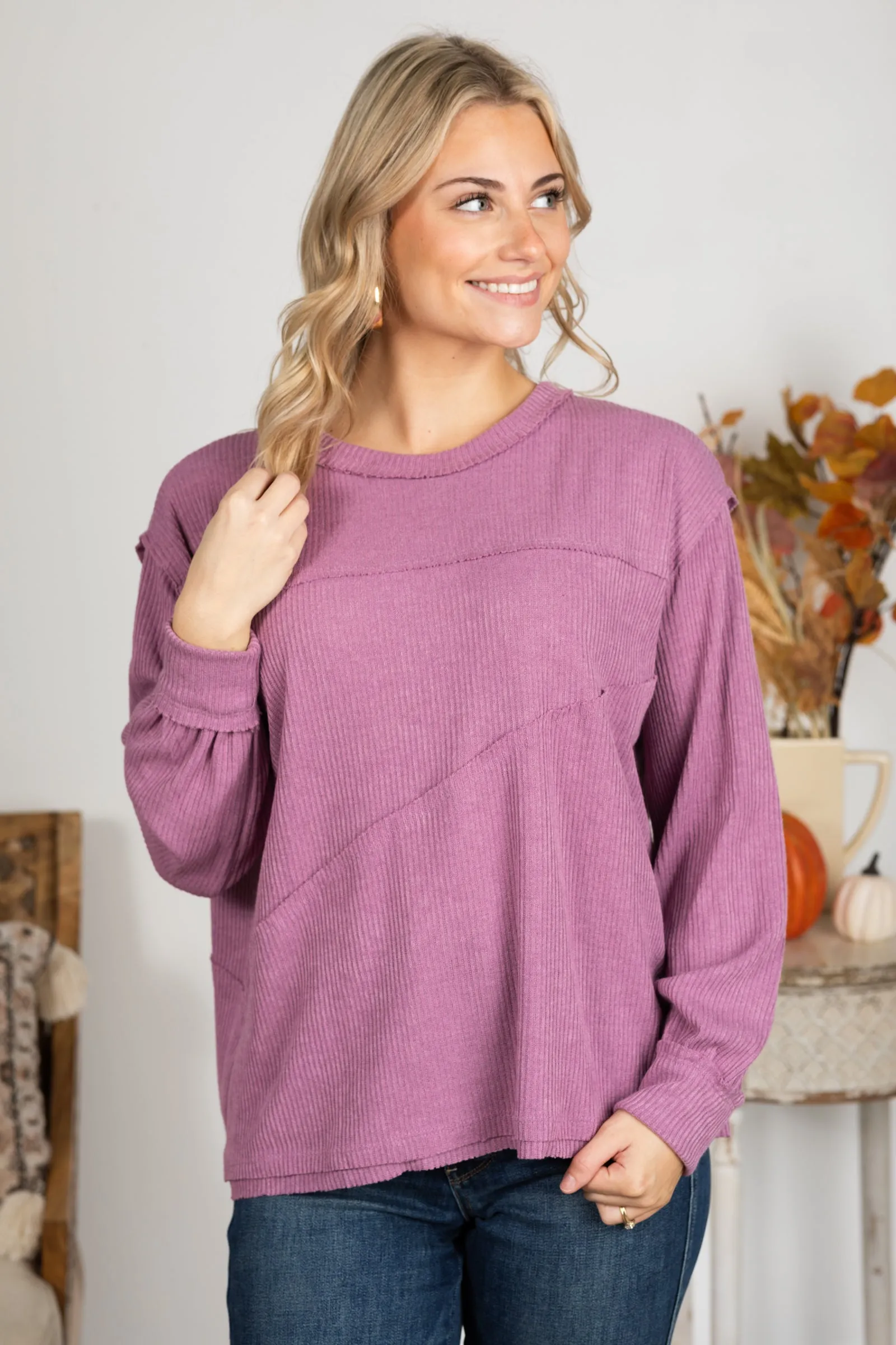 Solid Knit Top With Asymmetrical Exposed Seams
