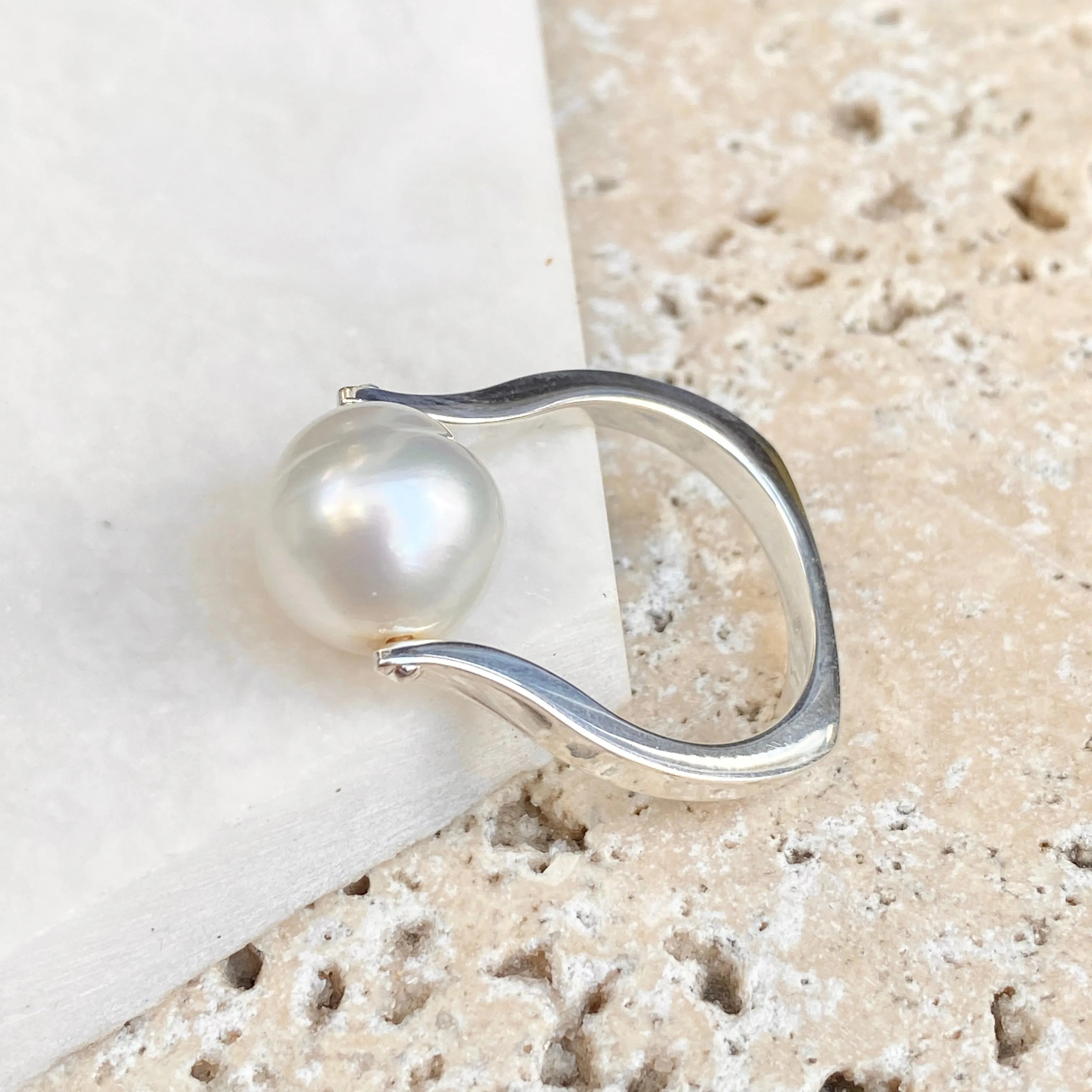 Sterling Silver Genuine 12mm Paspaley South Sea Pearl Modern Ring