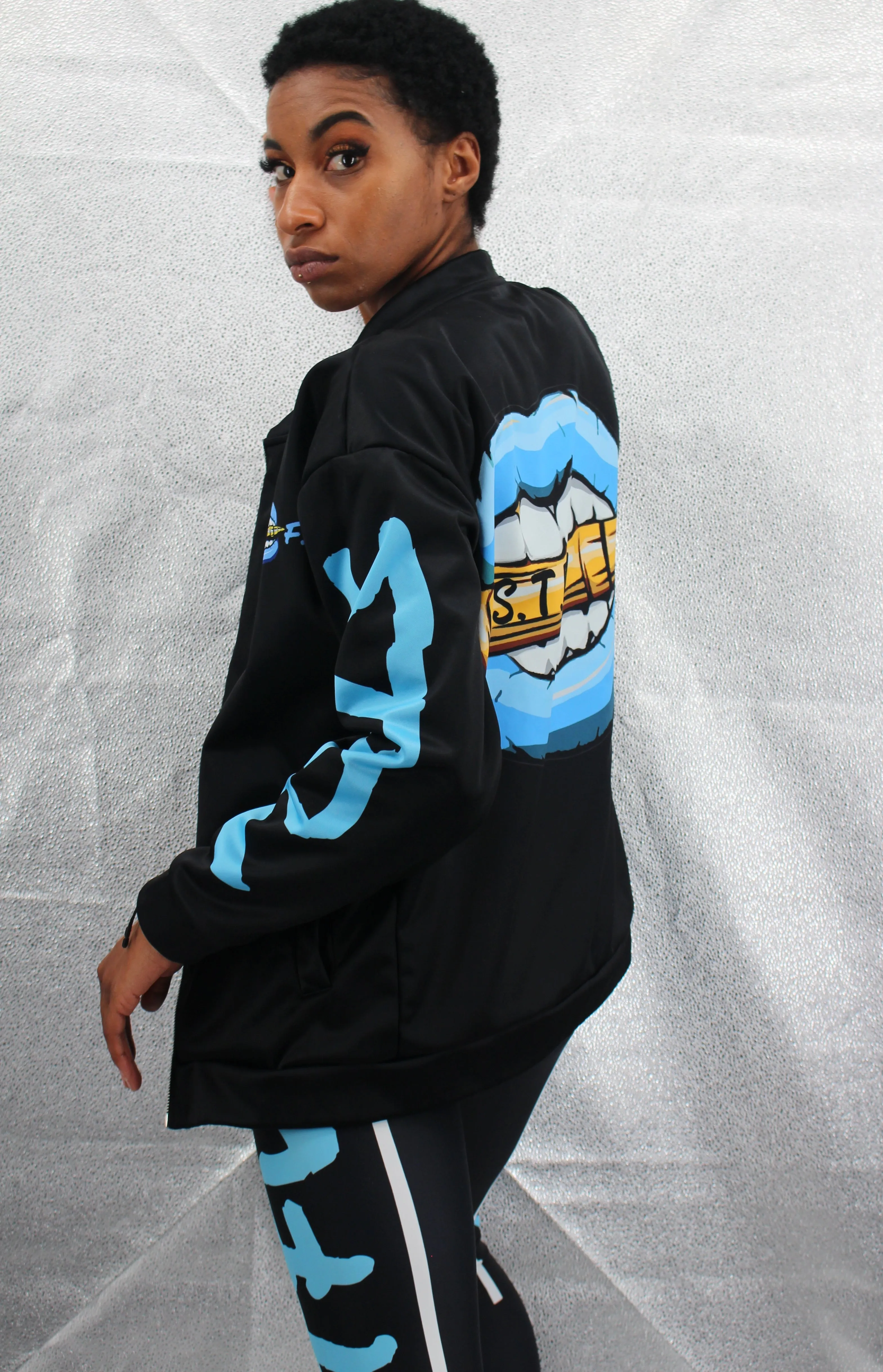 STFU Ice Blue Logo Unisex Bomber Jacket - Black