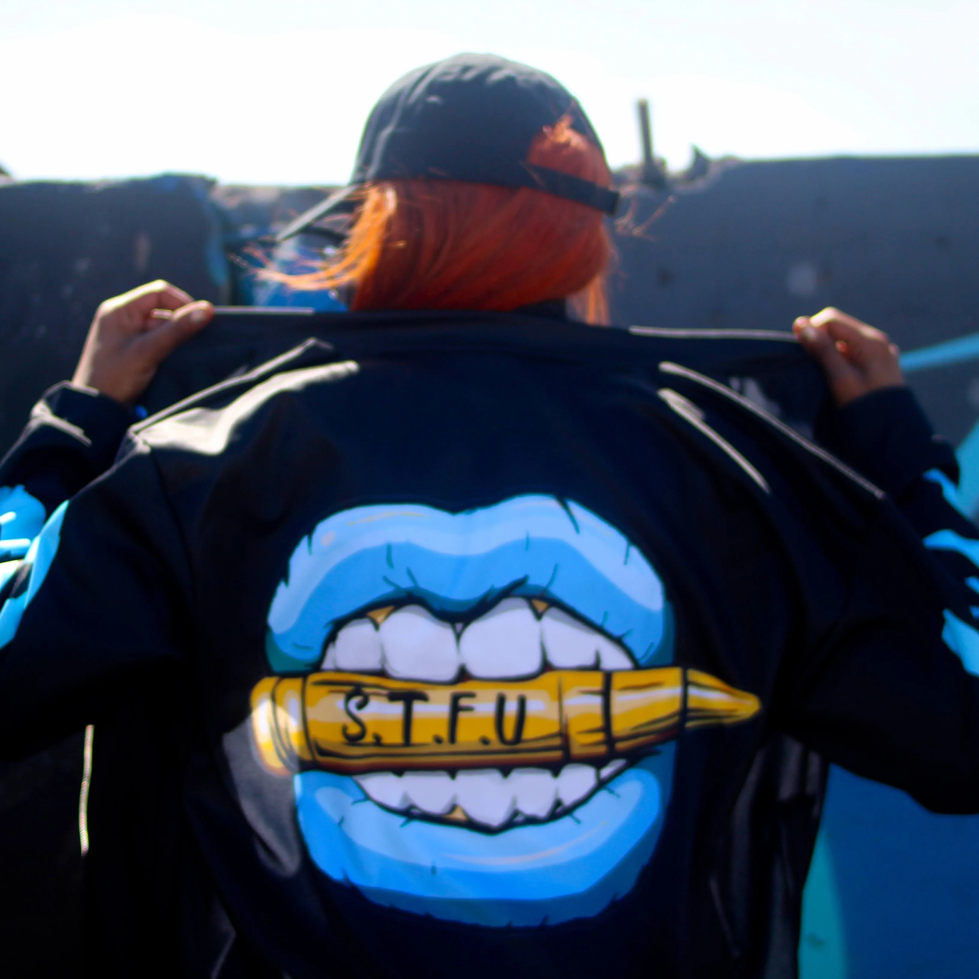 STFU Ice Blue Logo Unisex Bomber Jacket - Black