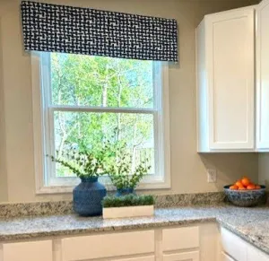 Straight Custom Valance in Blue and White cross pattern on 100% cotton fabric; Fully Lined, Custom Made, Navy Farley