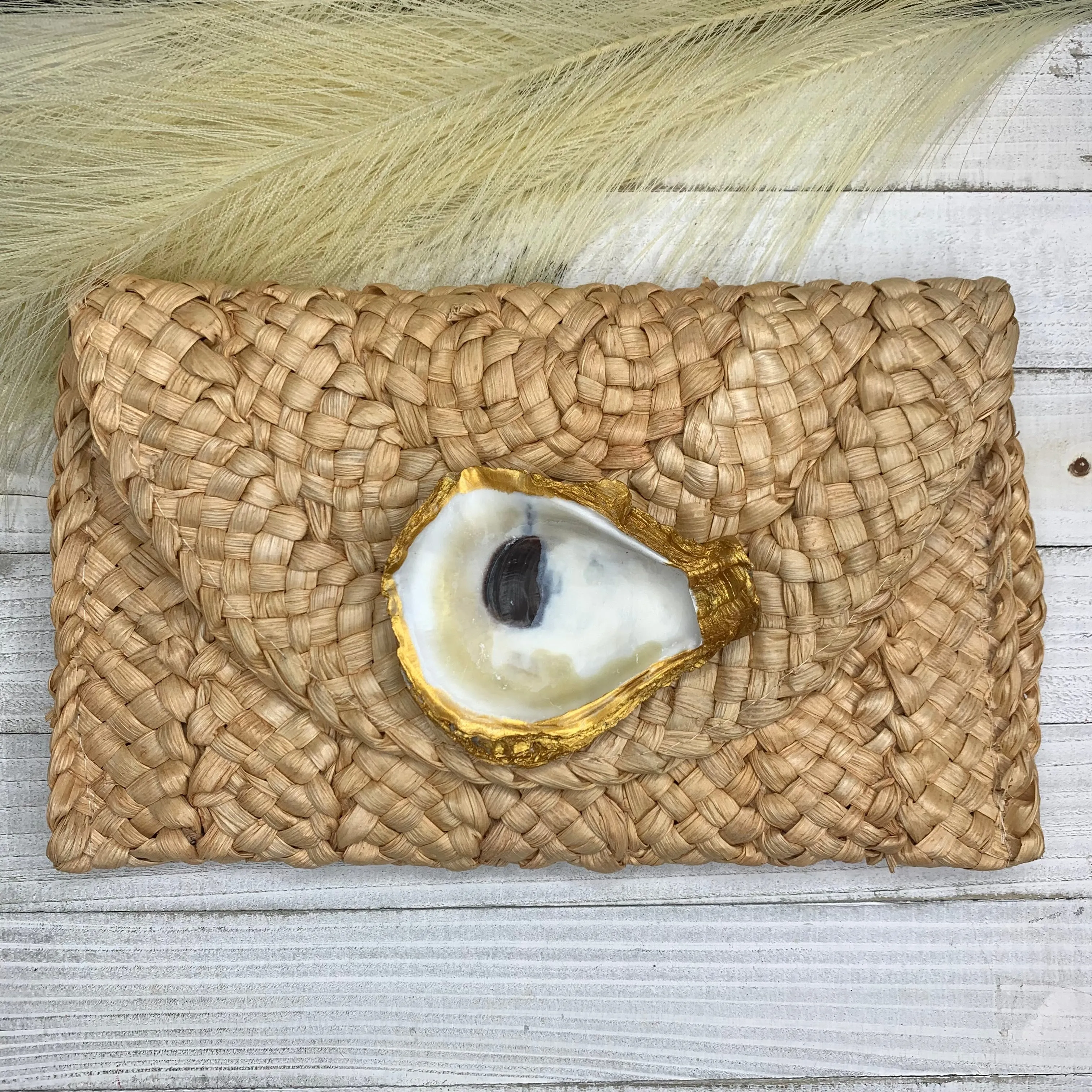 Straw Clutch with Hand Painted Genuine Oyster | Erika Williner Designs