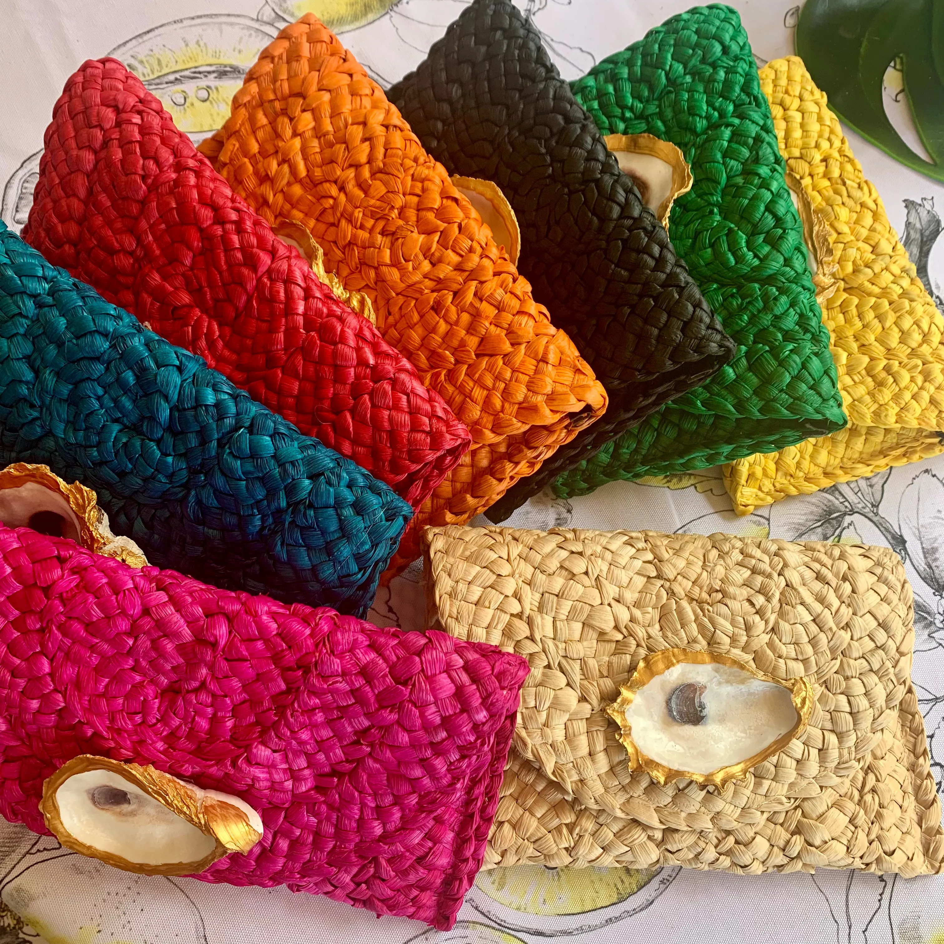 Straw Clutch with Hand Painted Genuine Oyster | Erika Williner Designs