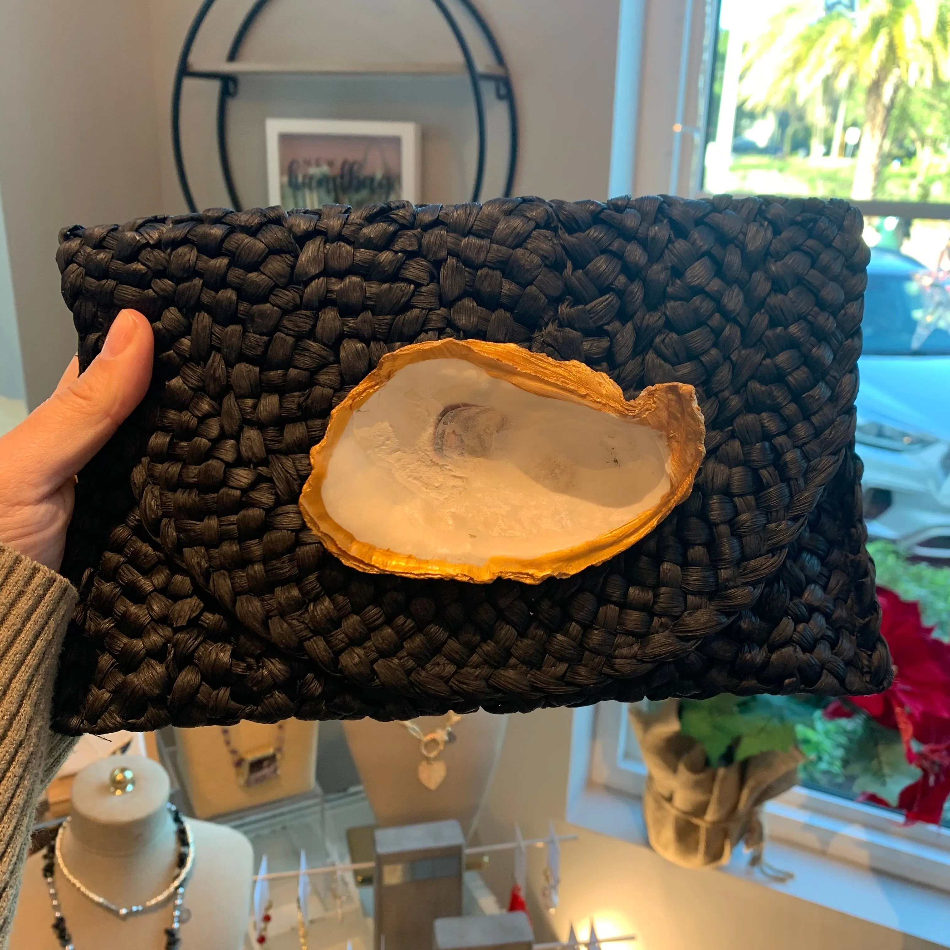 Straw Clutch with Hand Painted Genuine Oyster | Erika Williner Designs