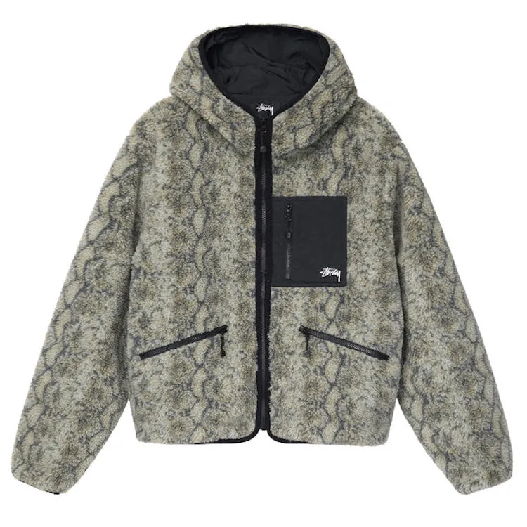 Stussy Reversible Snake Jacquard Sherpa Fleece/Nylon Zip Jacket Grey