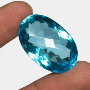 Swiss Blue Quartz Oval Checker Cut Loose Gemstone, 30x20x14mm, 51.32ct