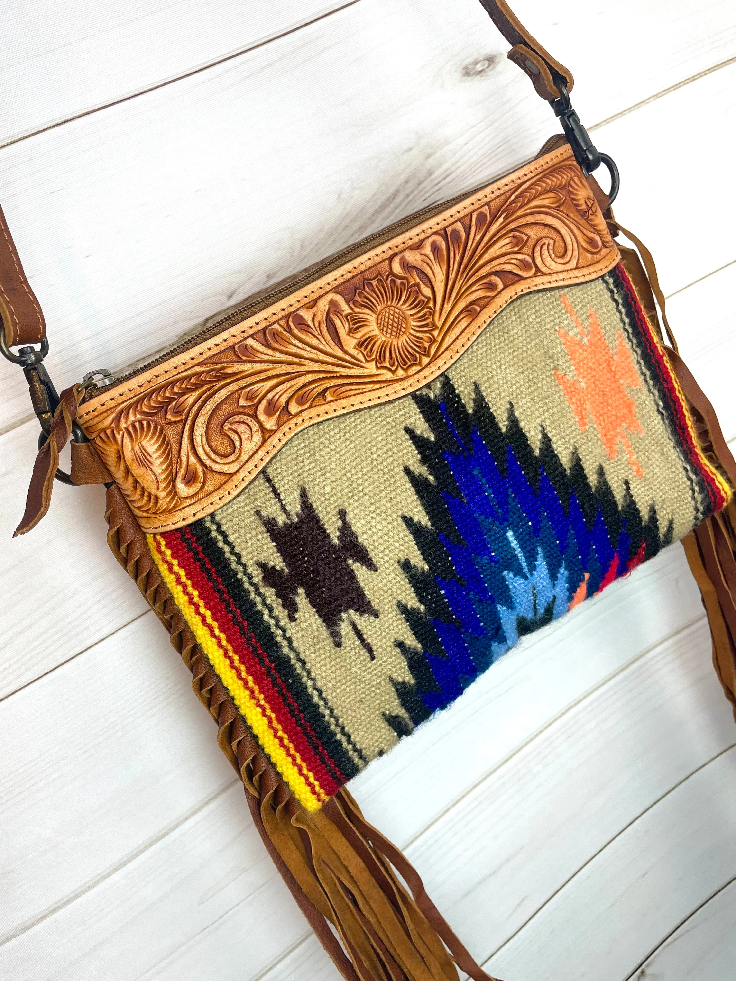 Tan Blue Diamond Tooled Fringe / Wool Medium Bag