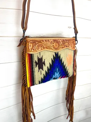 Tan Blue Diamond Tooled Fringe / Wool Medium Bag